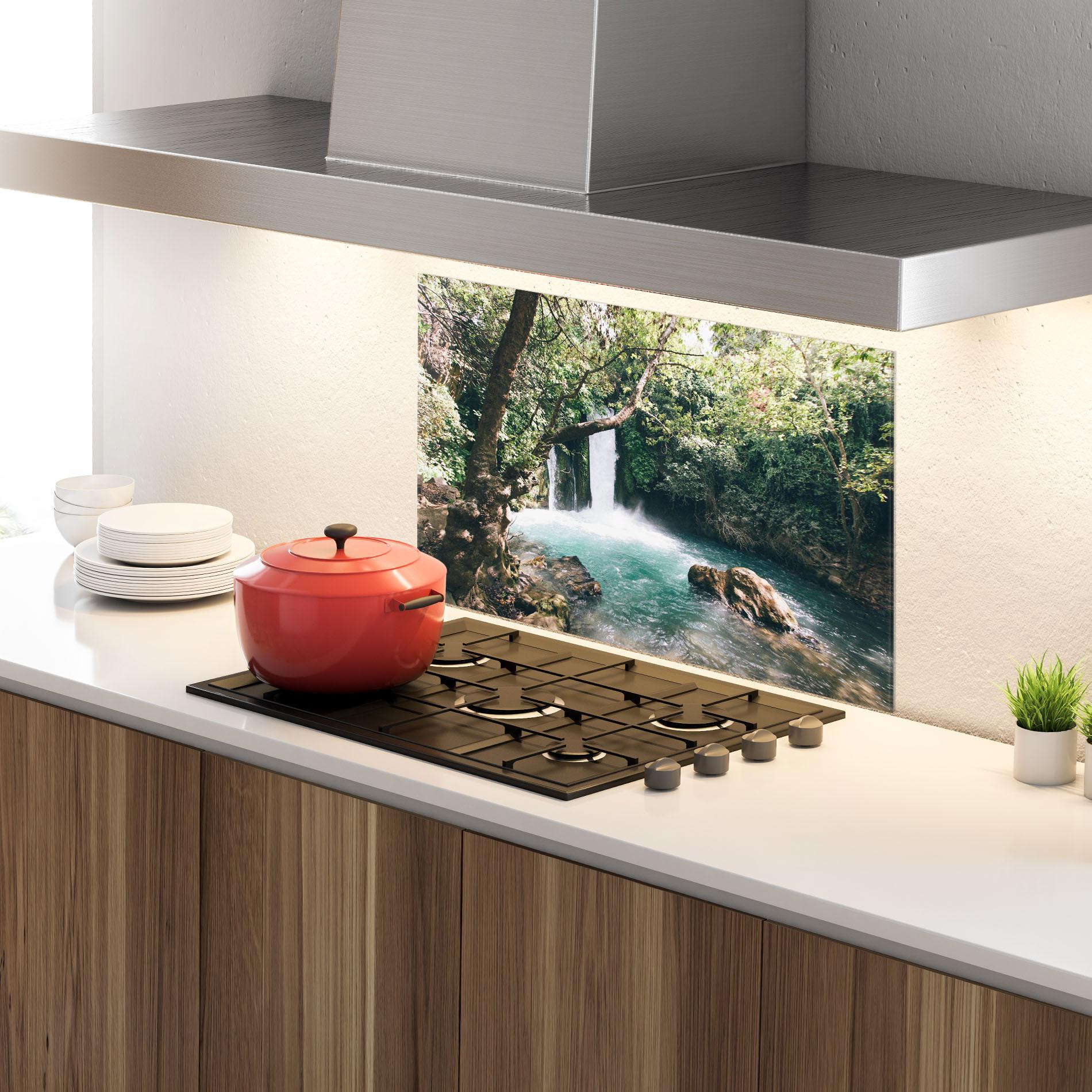 Küchenrückwand Glas Beautiful Blue Waterfall mockup 4