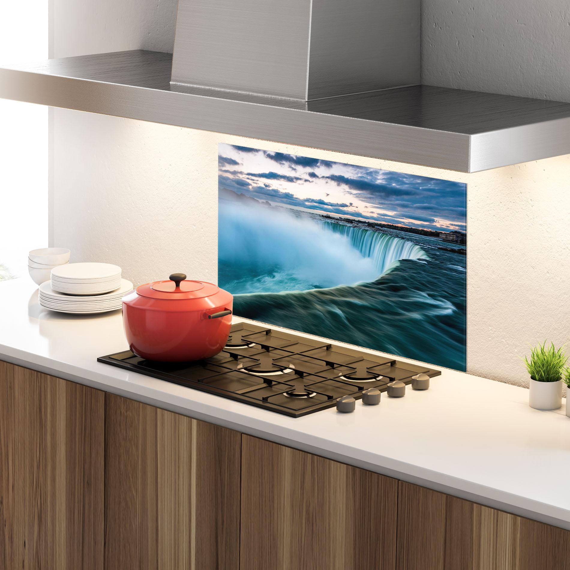 Küchenrückwand Glas Blue Dreamy Waterfall mockup 4