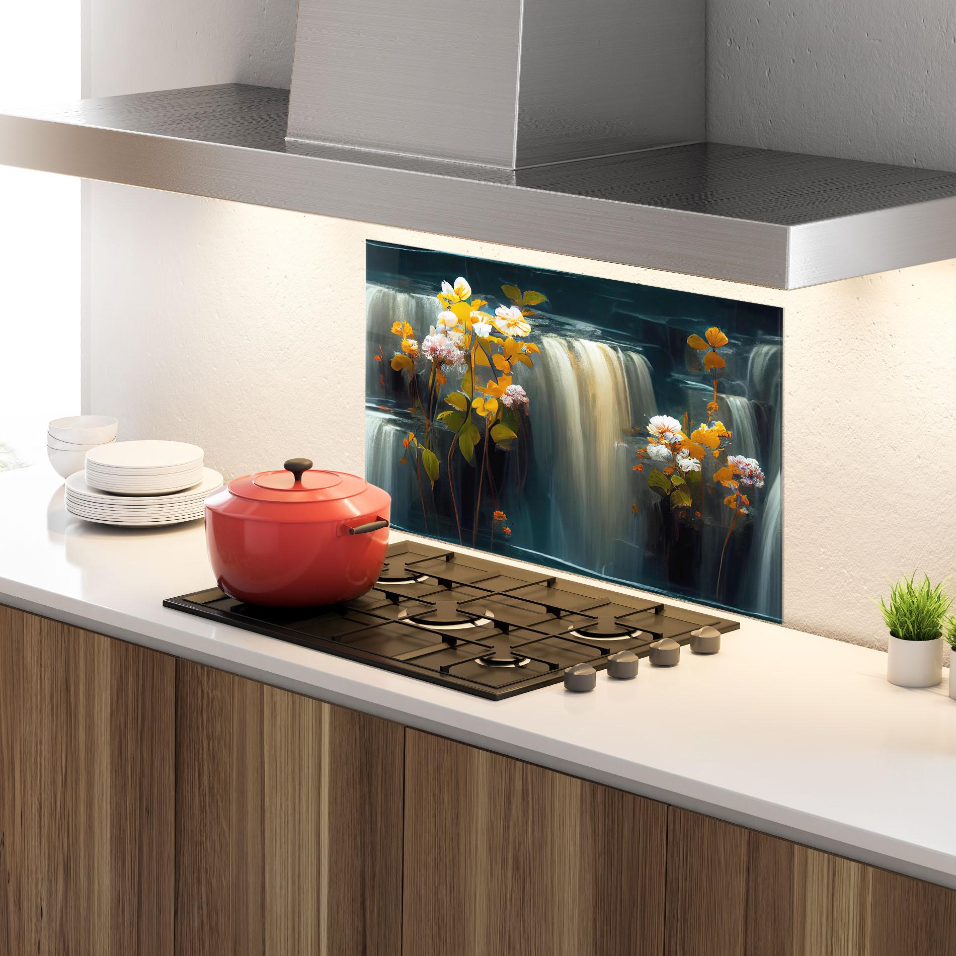 Küchenrückwand Glas Flowers Waterfall mockup 4