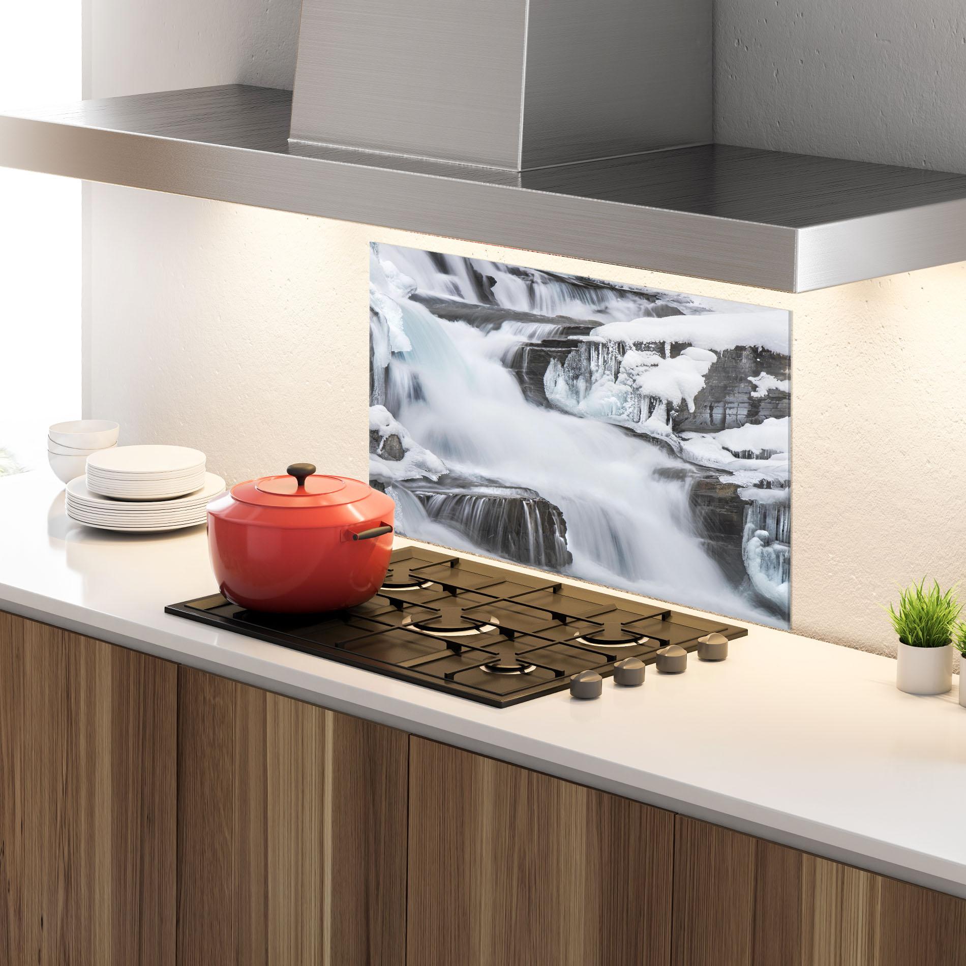 Küchenrückwand Glas Majestic Winter Waterfall mockup 4