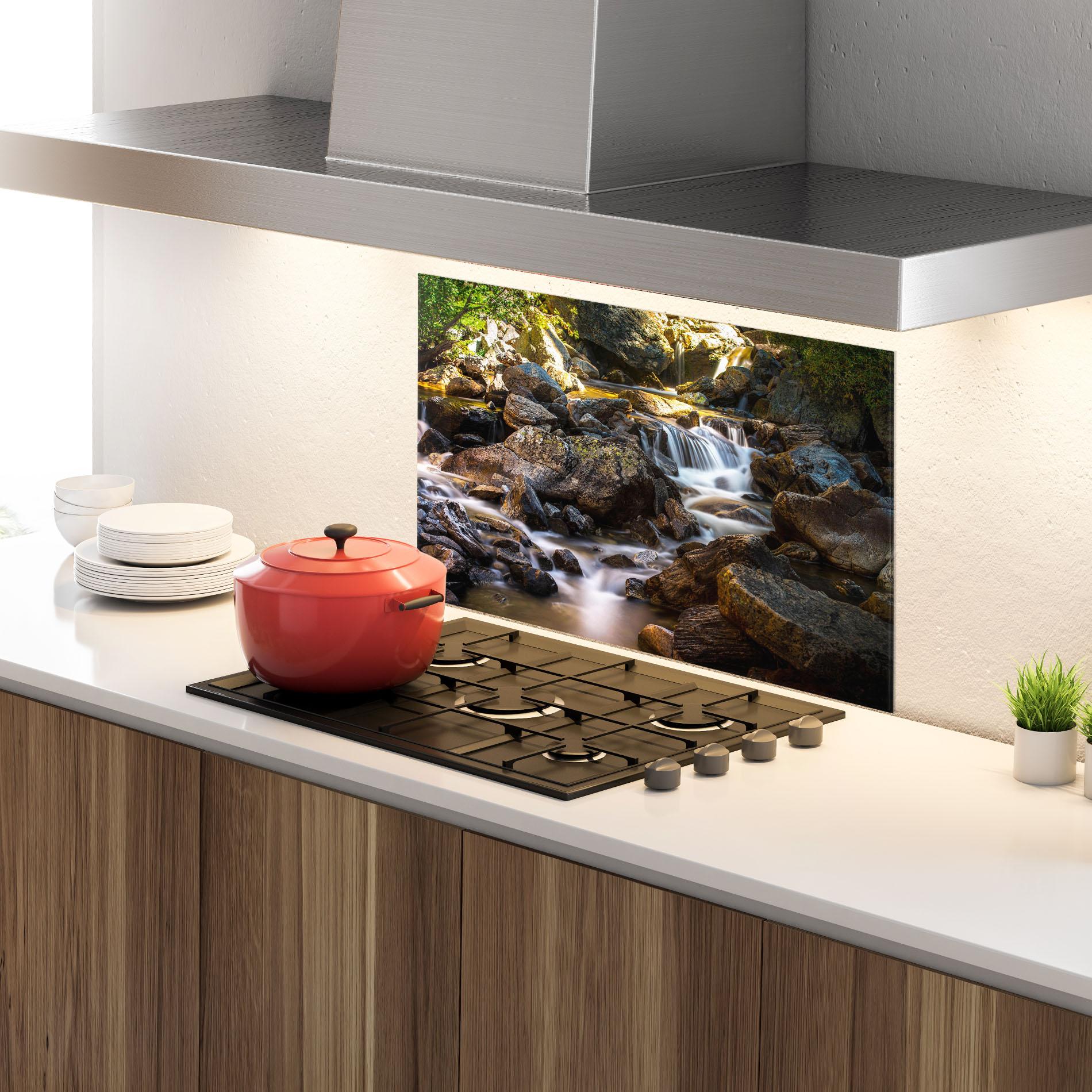 Küchenrückwand Glas Nature Rocks Waterfall mockup 4