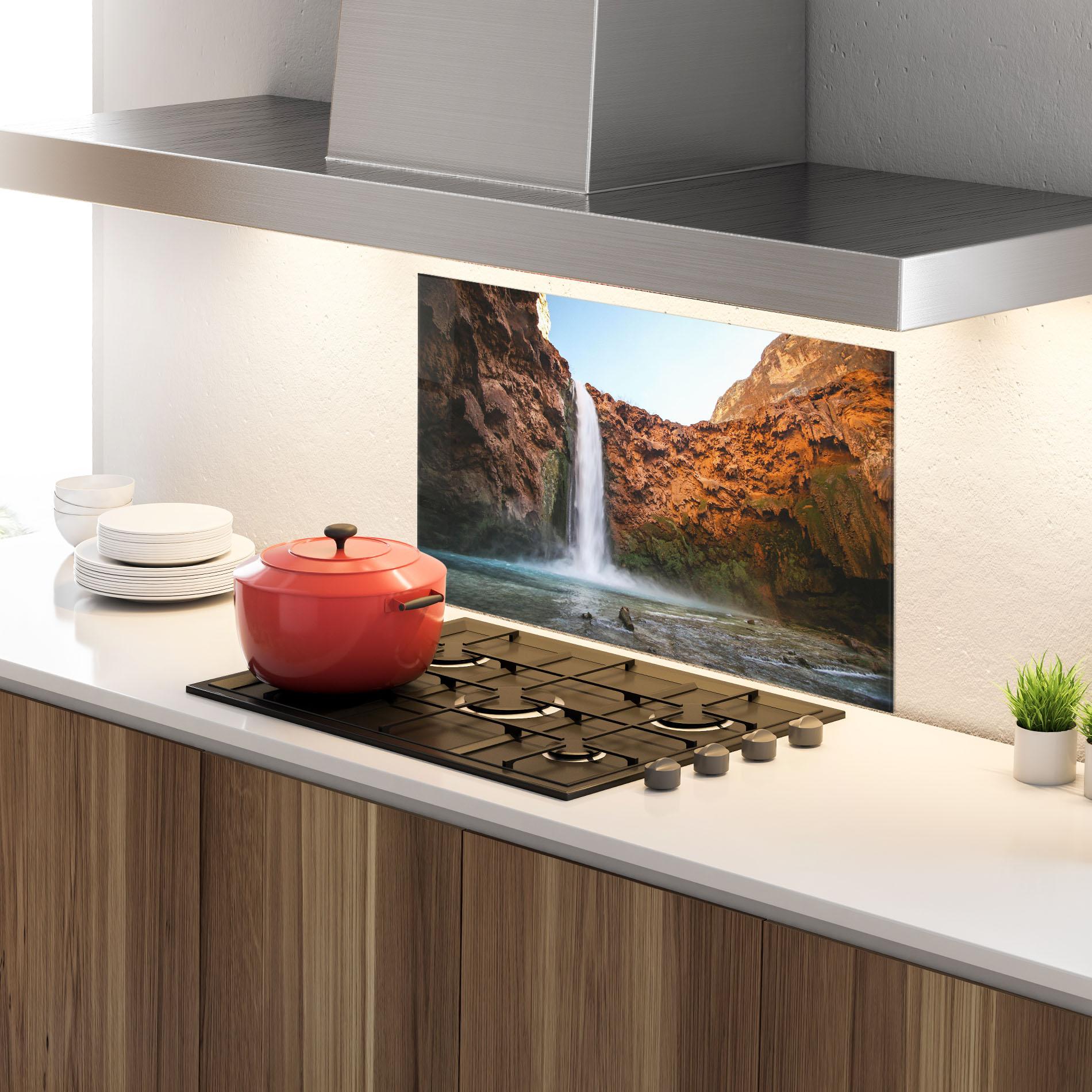 Küchenrückwand Glas Orange Wall Waterfall mockup 4