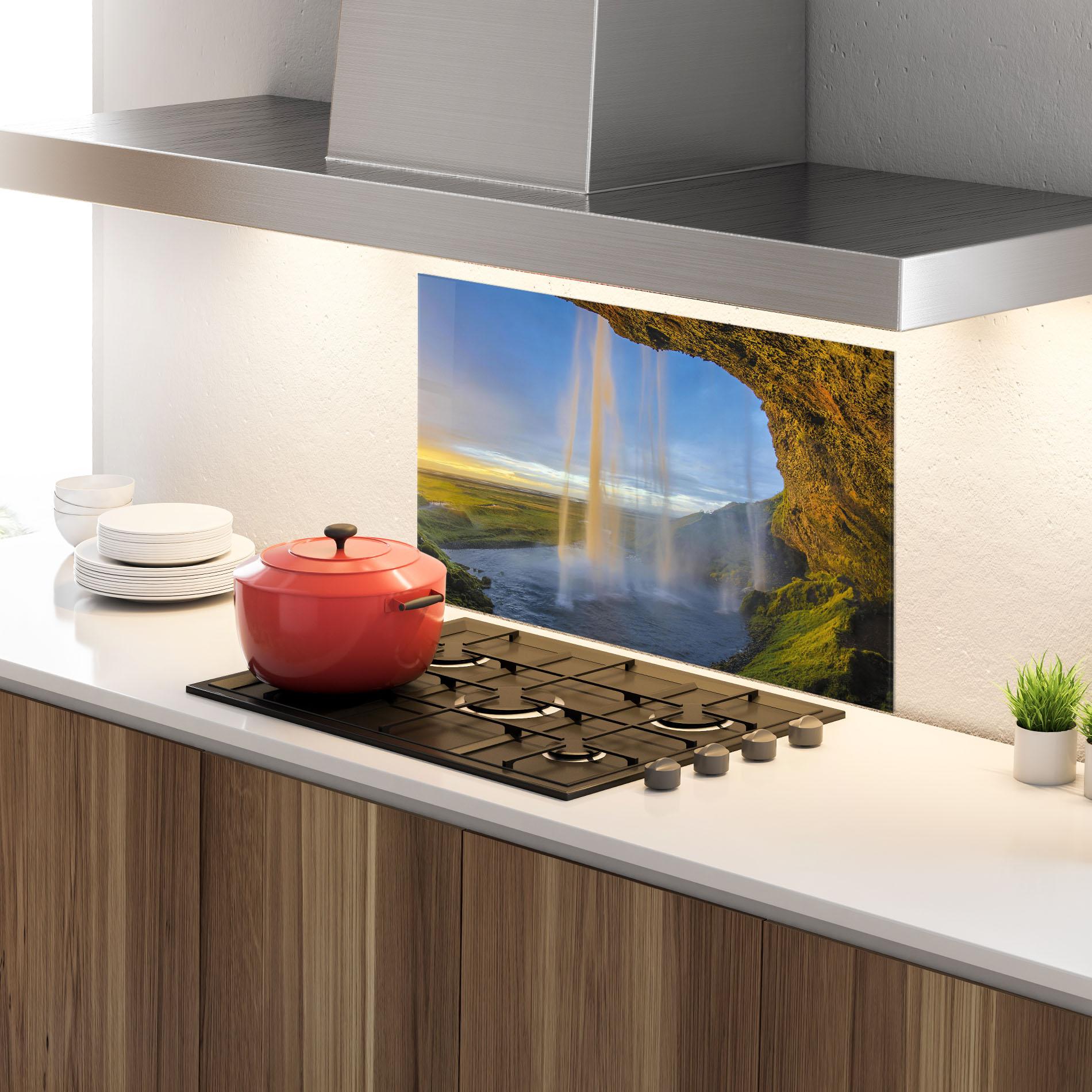 Küchenrückwand Glas Orange Waterfall mockup 4