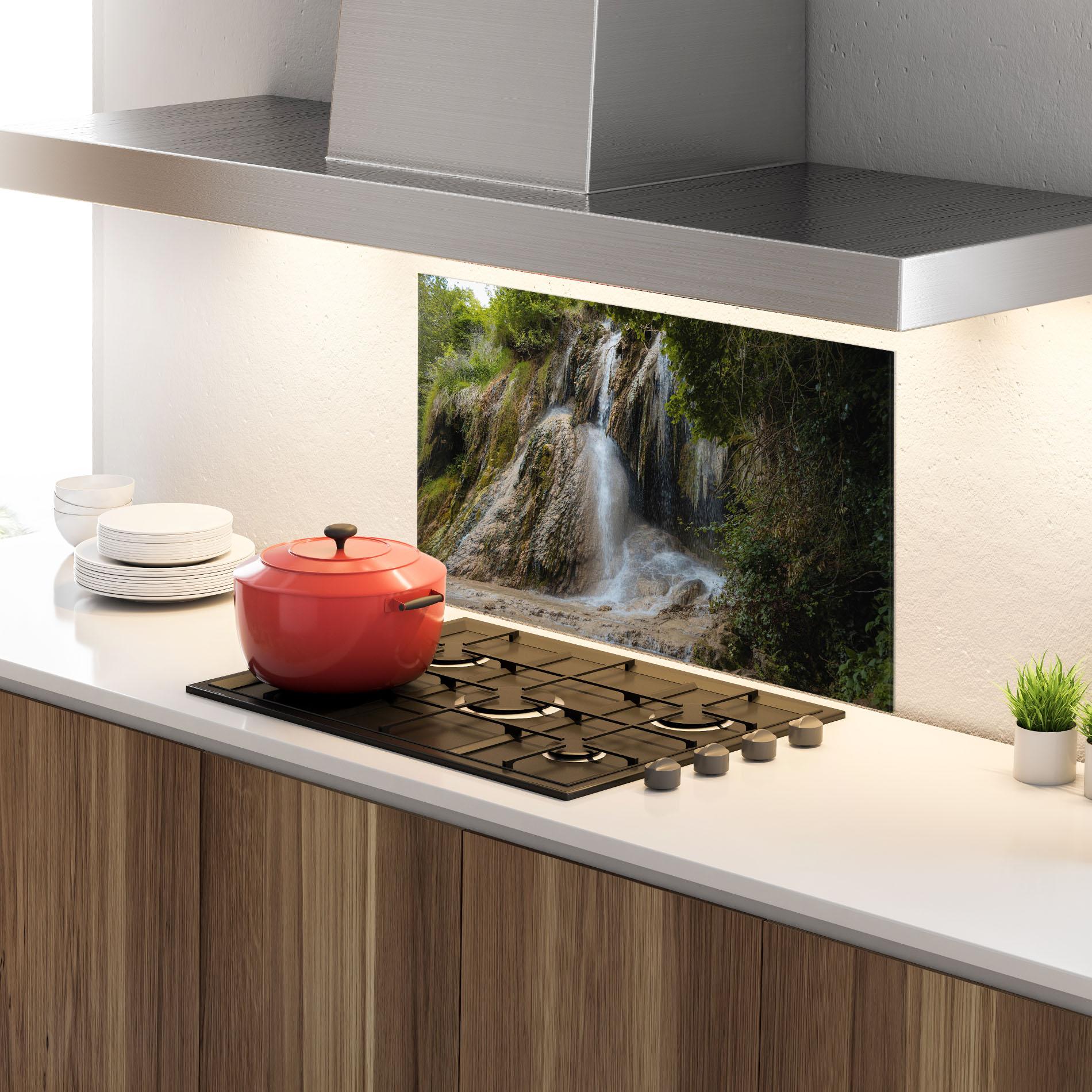 Küchenrückwand Glas Pretty Waterfall Forest mockup 4