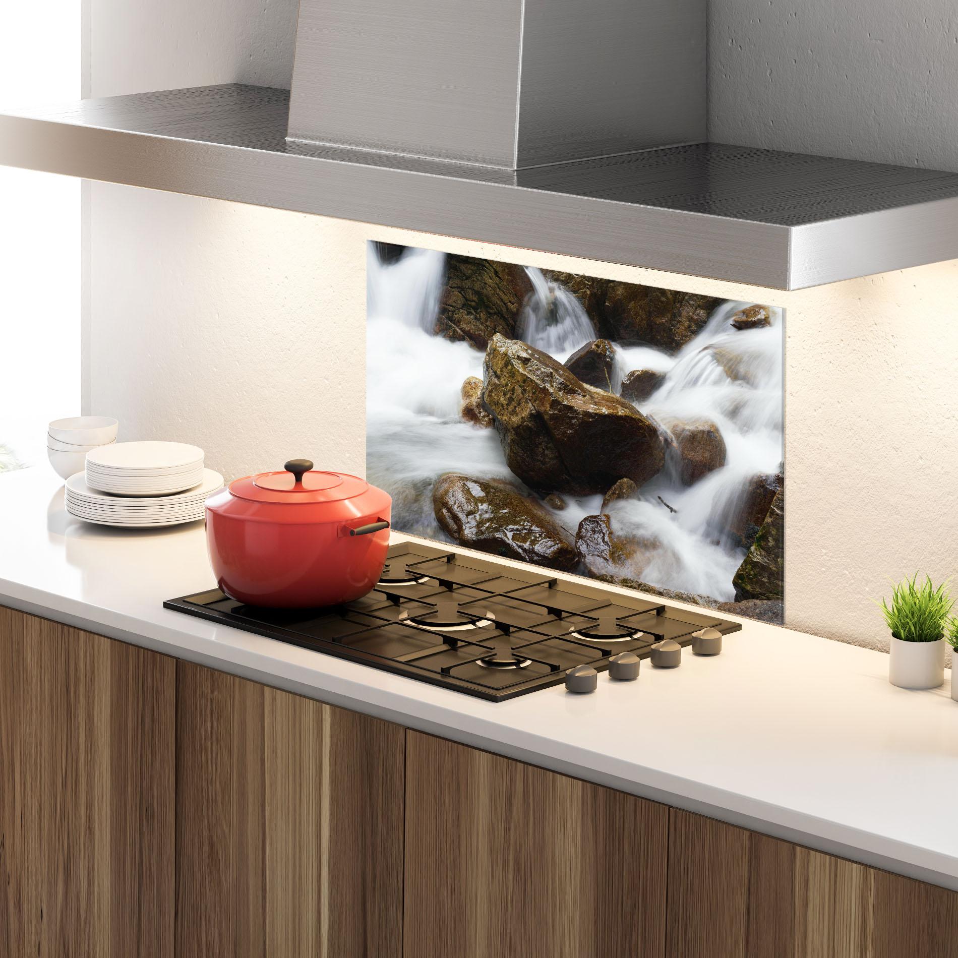 Küchenrückwand Glas Shiny Rocks Waterfall mockup 4