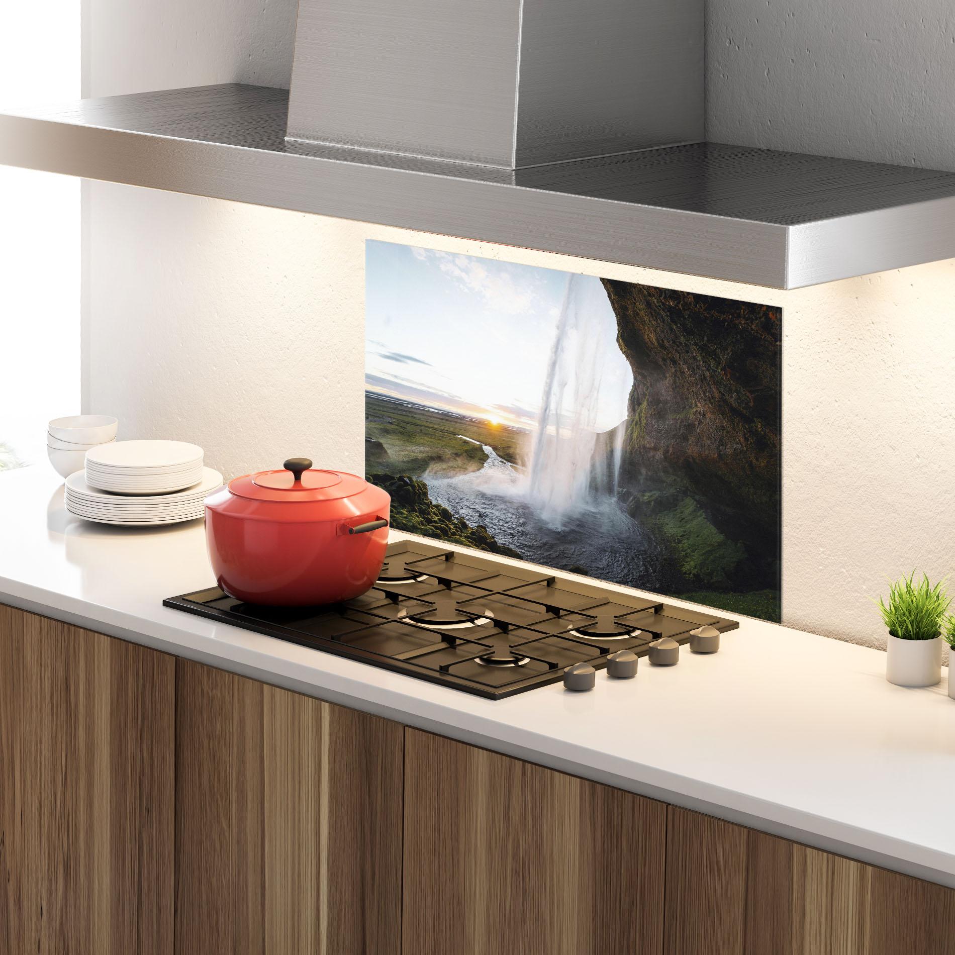 Küchenrückwand Glas Sunrise Waterfall mockup 4