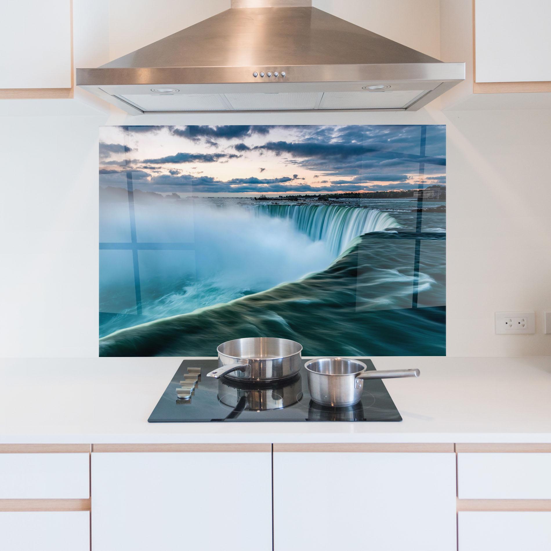 Küchenrückwand Glas Dreamy Blue Waterfall mockup 5