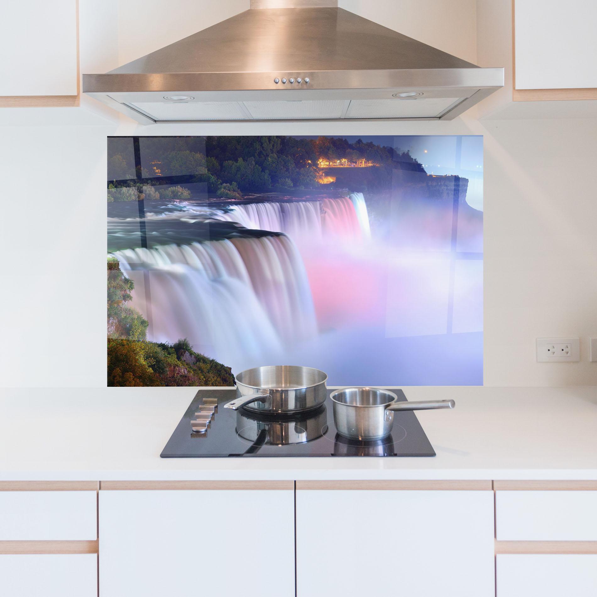 Küchenrückwand Glas Dreamy Purple Waterfall mockup 5