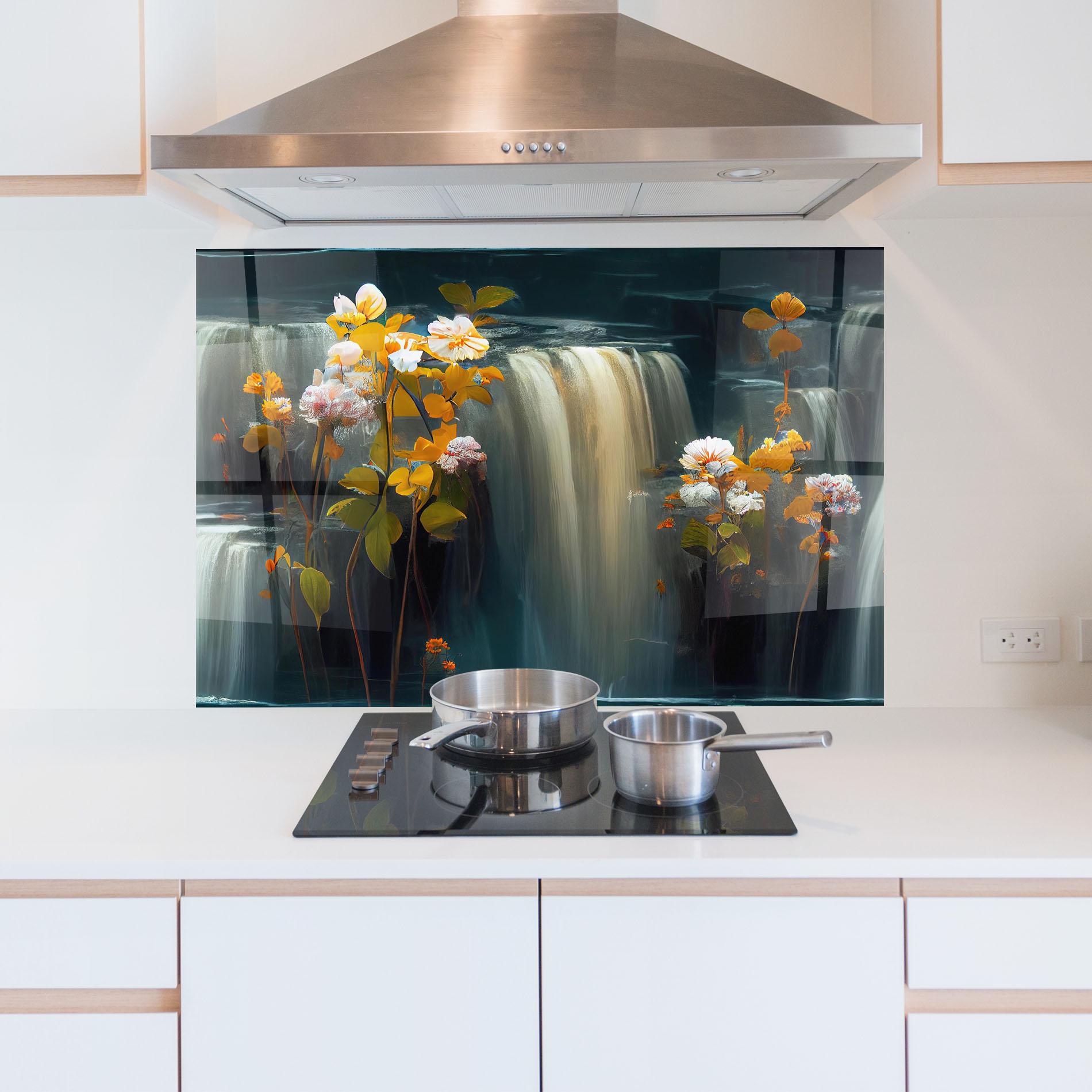 Küchenrückwand Glas Flowers Waterfall mockup 5