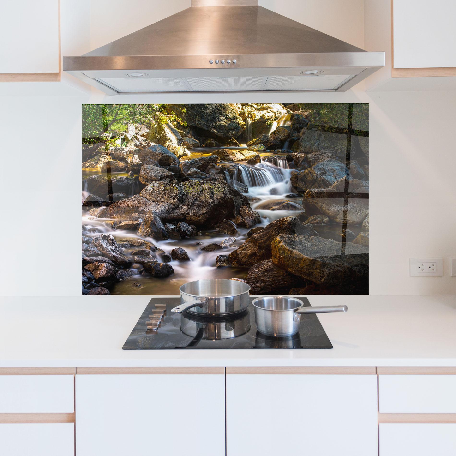 Küchenrückwand Glas Nature Rocks Waterfall mockup 5