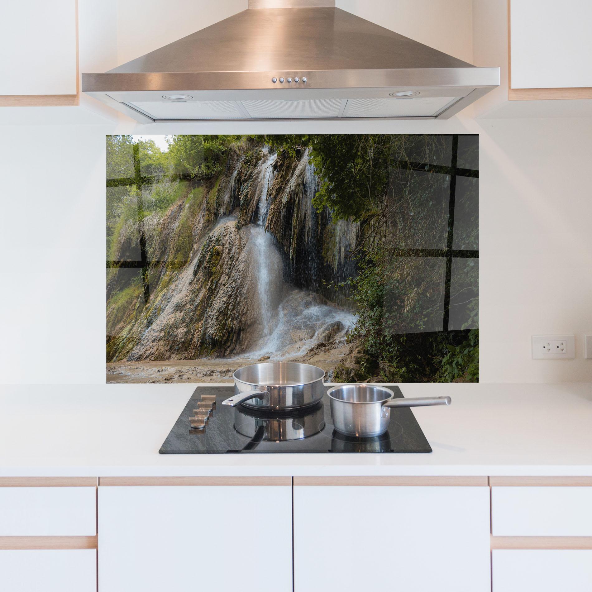 Küchenrückwand Glas Pretty Waterfall Forest mockup 5