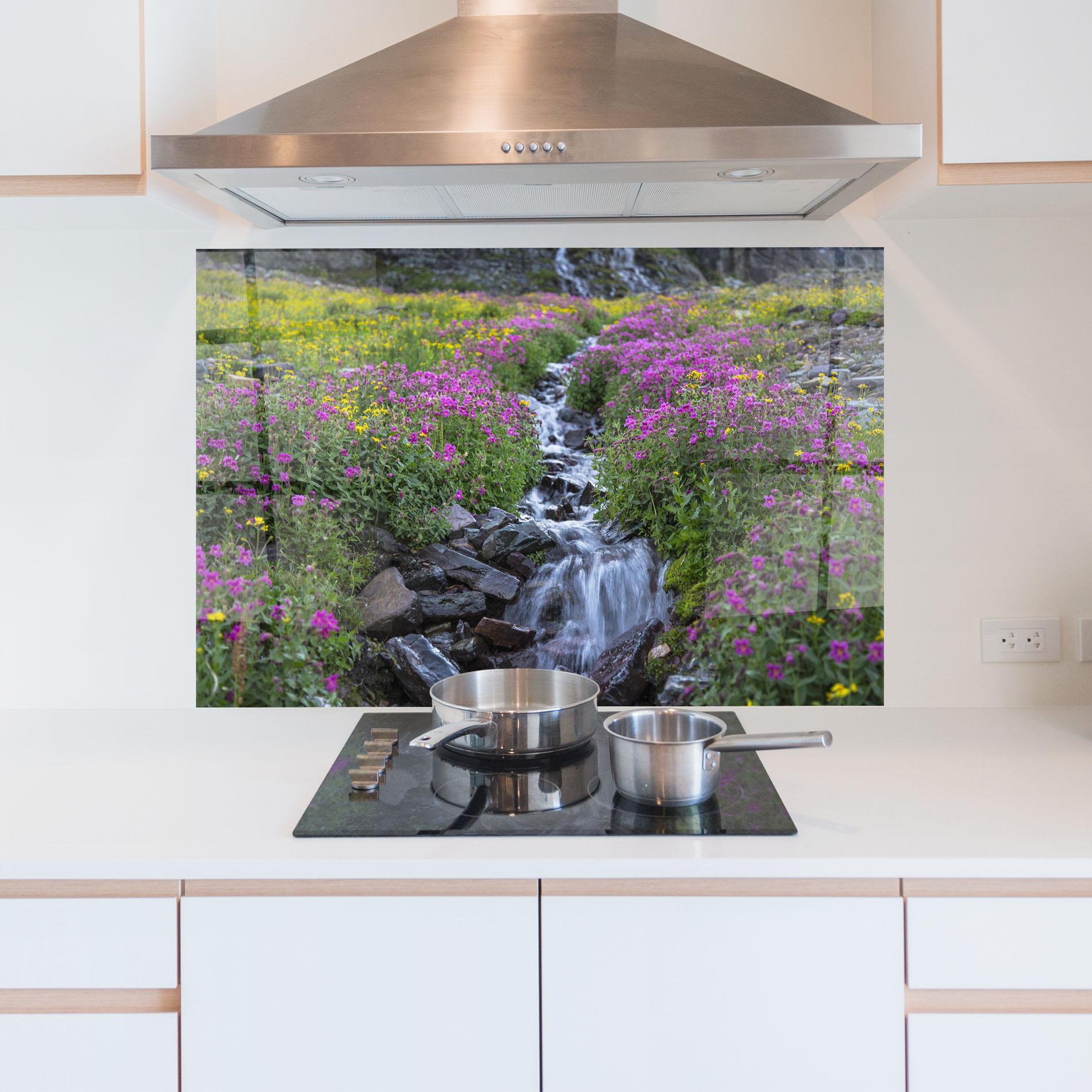 Küchenrückwand Glas Purple Field Waterfall mockup 5