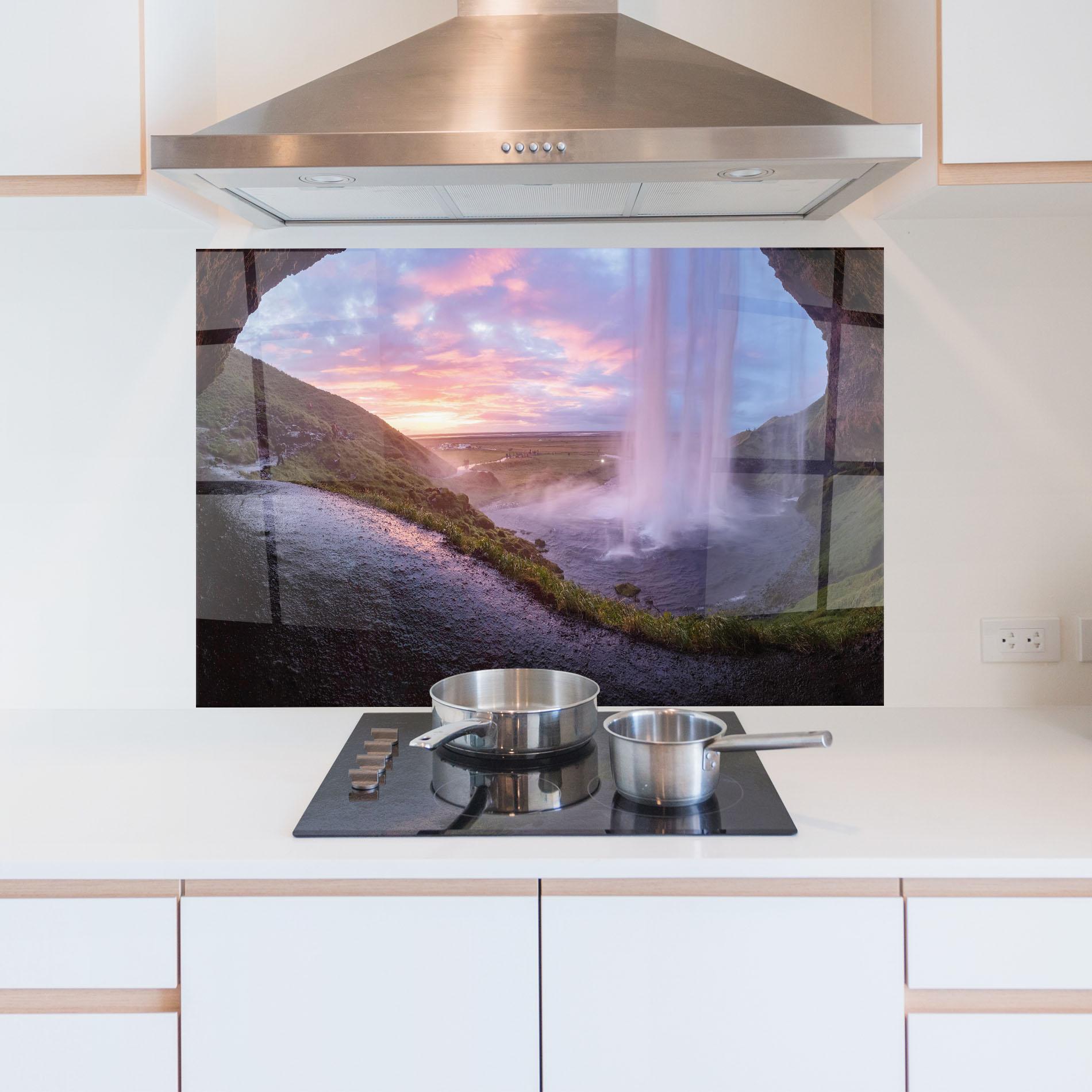Küchenrückwand Glas Waterfall From Cave View mockup 5