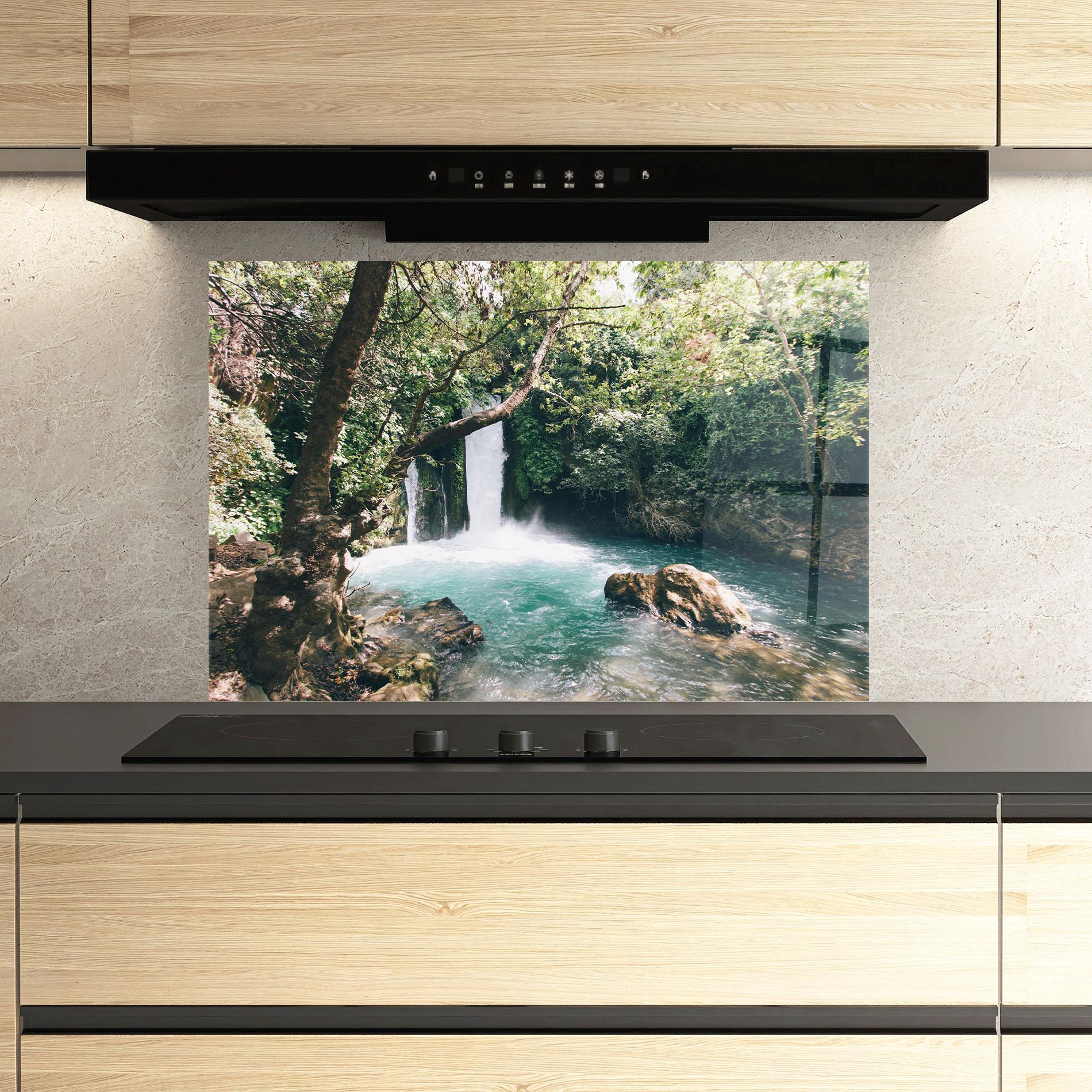 Küchenrückwand Glas Beautiful Blue Waterfall mockup 3