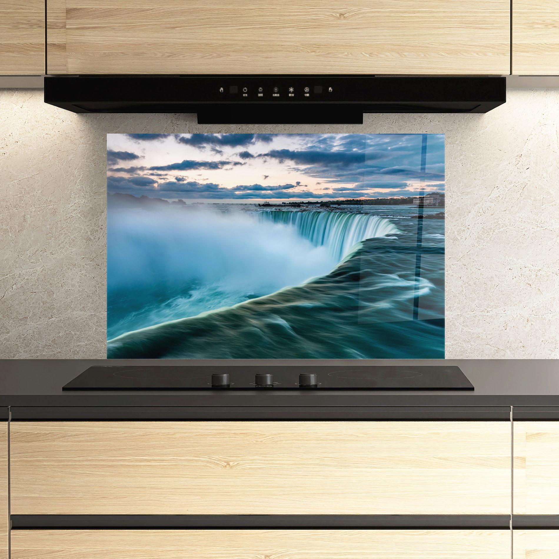 Küchenrückwand Glas Dreamy Blue Waterfall mockup 3