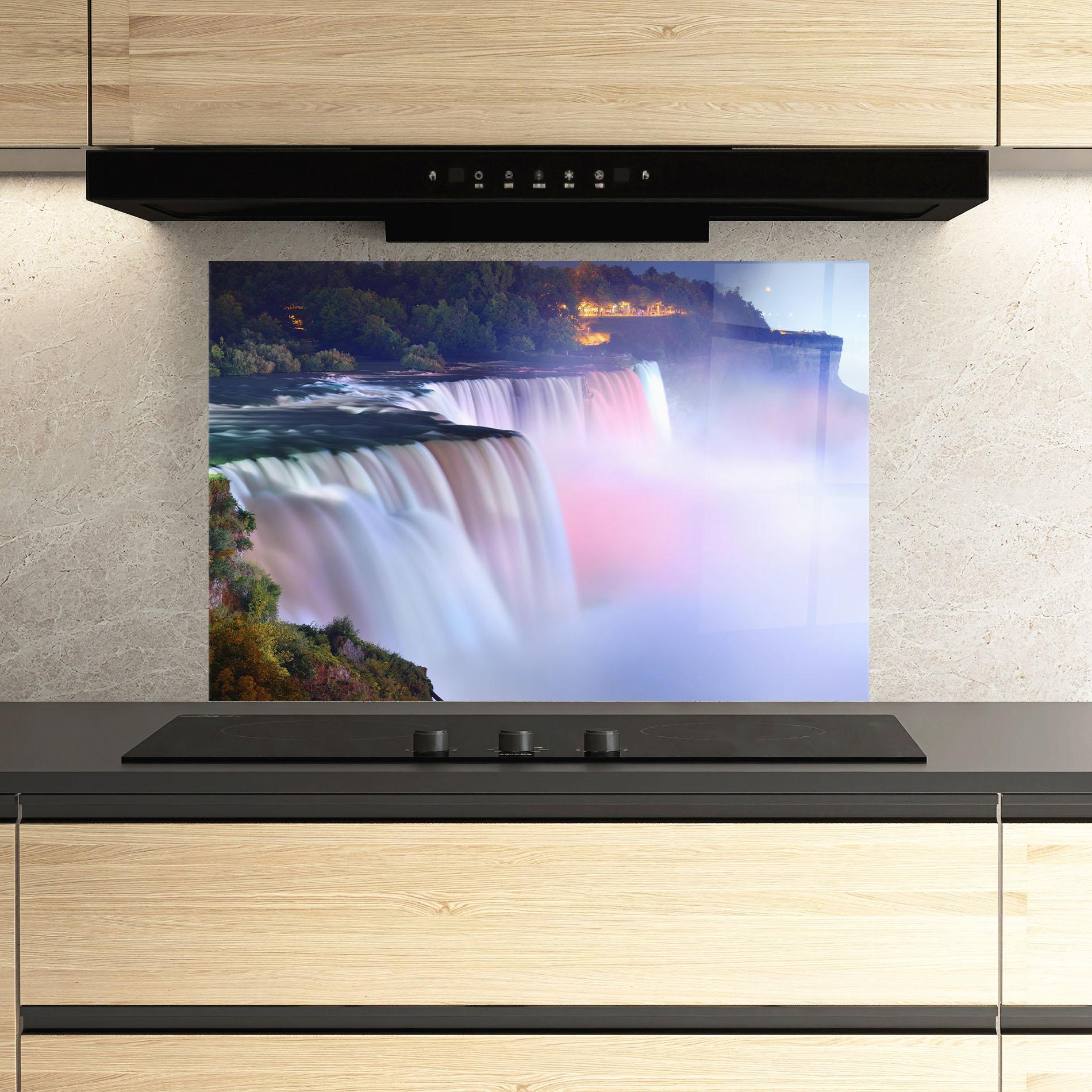 Küchenrückwand Glas Dreamy Purple Waterfall mockup 3