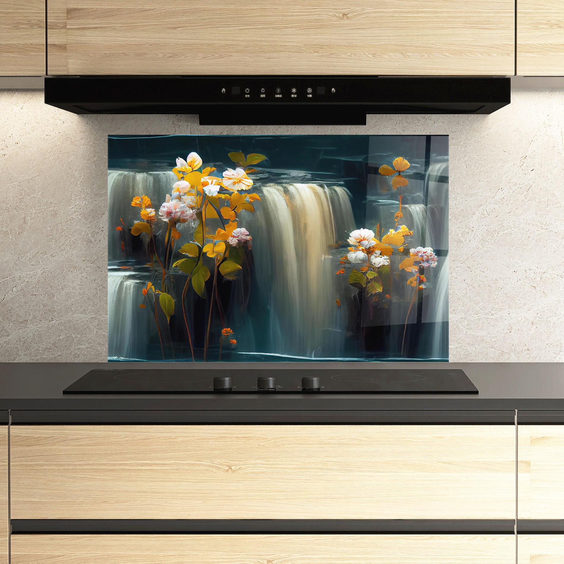 Küchenrückwand Glas Flowers Waterfall mockup 3