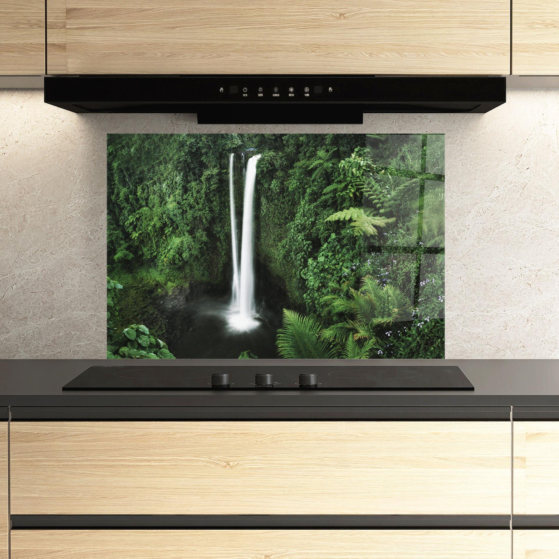 Küchenrückwand Glas Green Nature Waterfall mockup 3