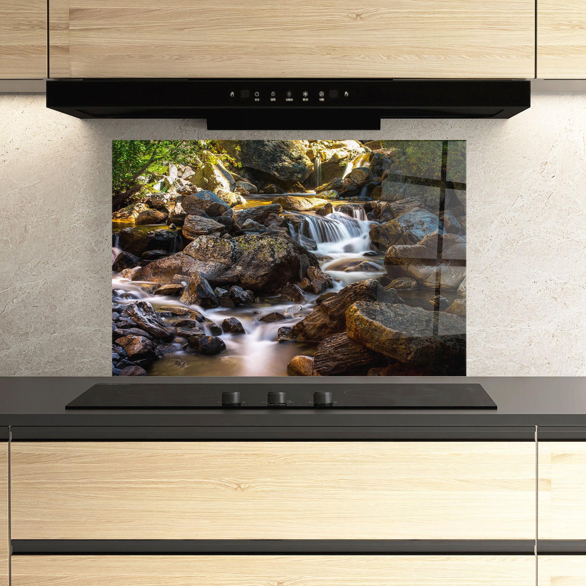 Küchenrückwand Glas Nature Rocks Waterfall mockup 3