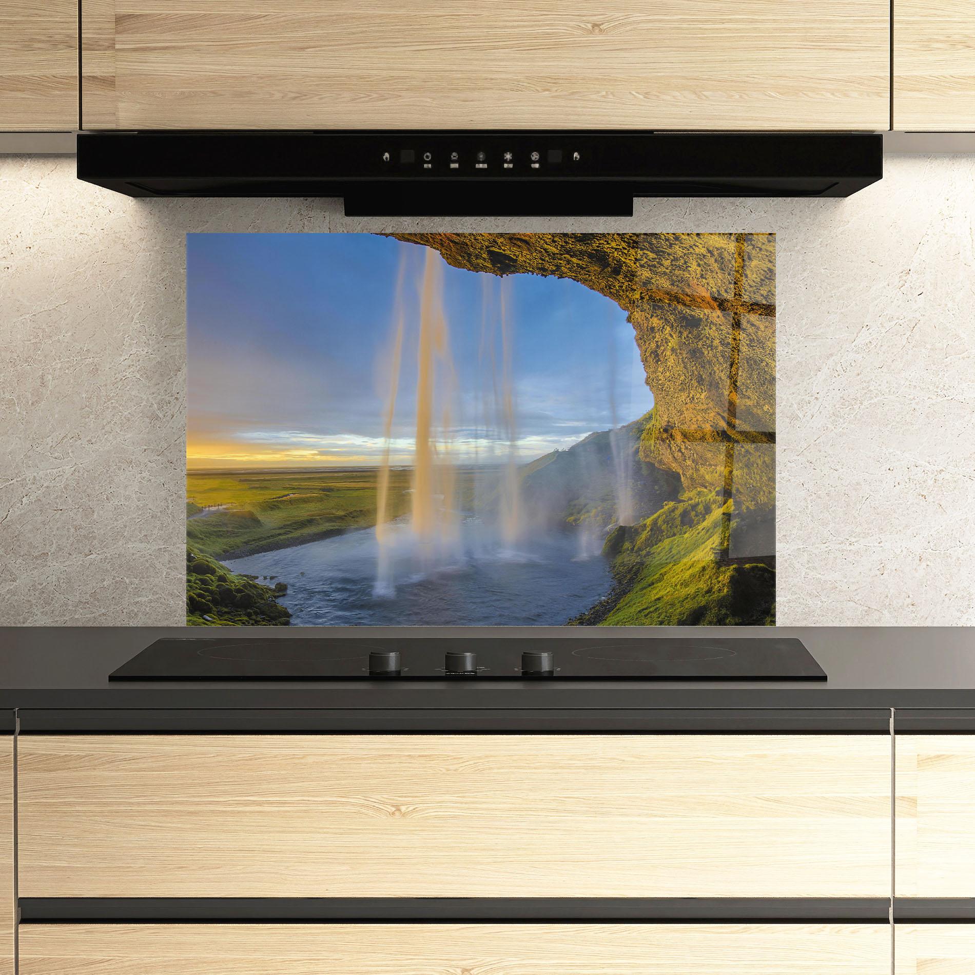 Küchenrückwand Glas Orange Waterfall mockup 3