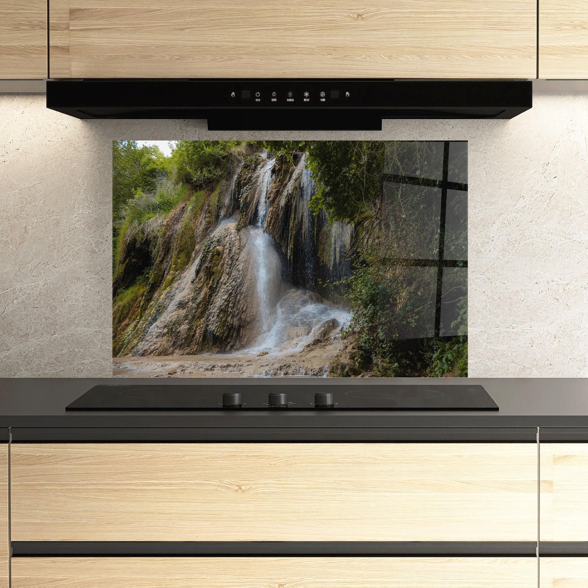 Küchenrückwand Glas Pretty Waterfall Forest mockup 3