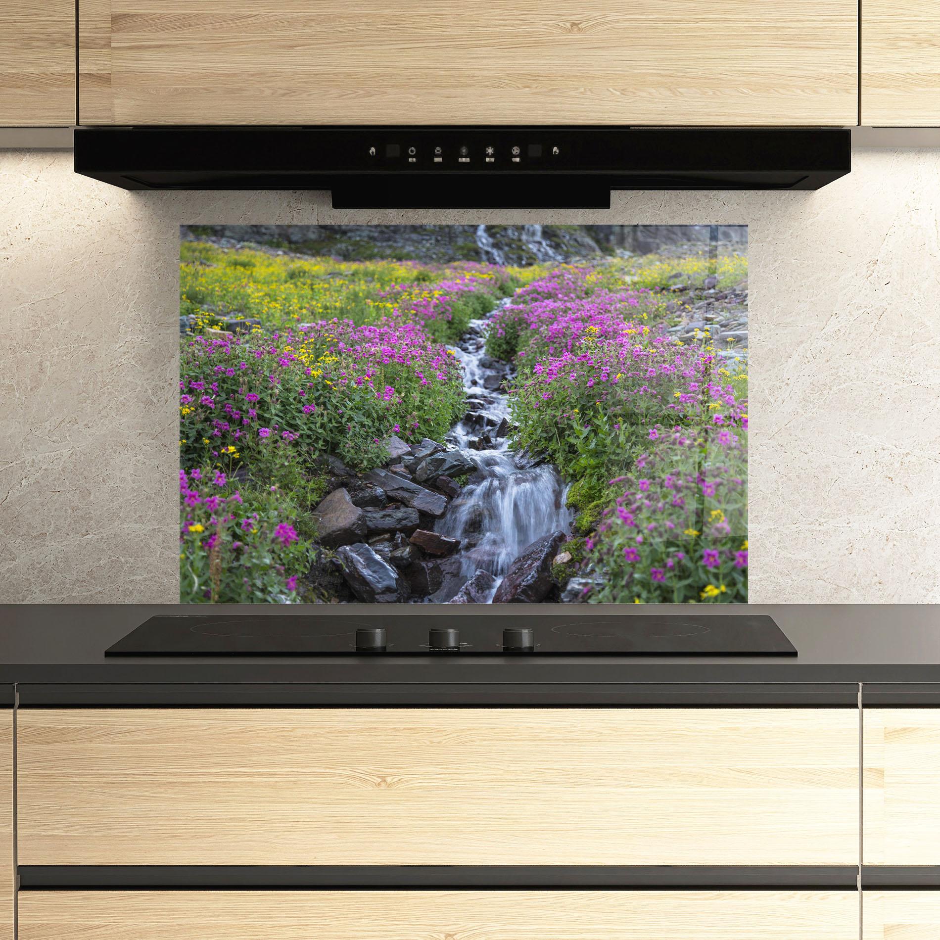 Küchenrückwand Glas Purple Field Waterfall mockup 3