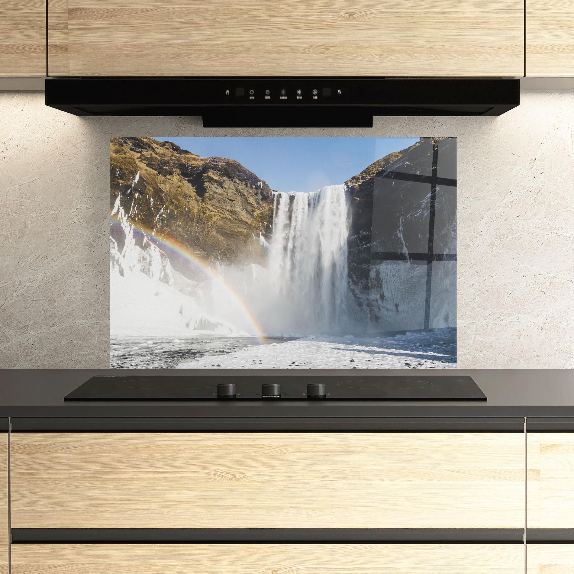 Küchenrückwand Glas Rainbow Waterfall mockup 3