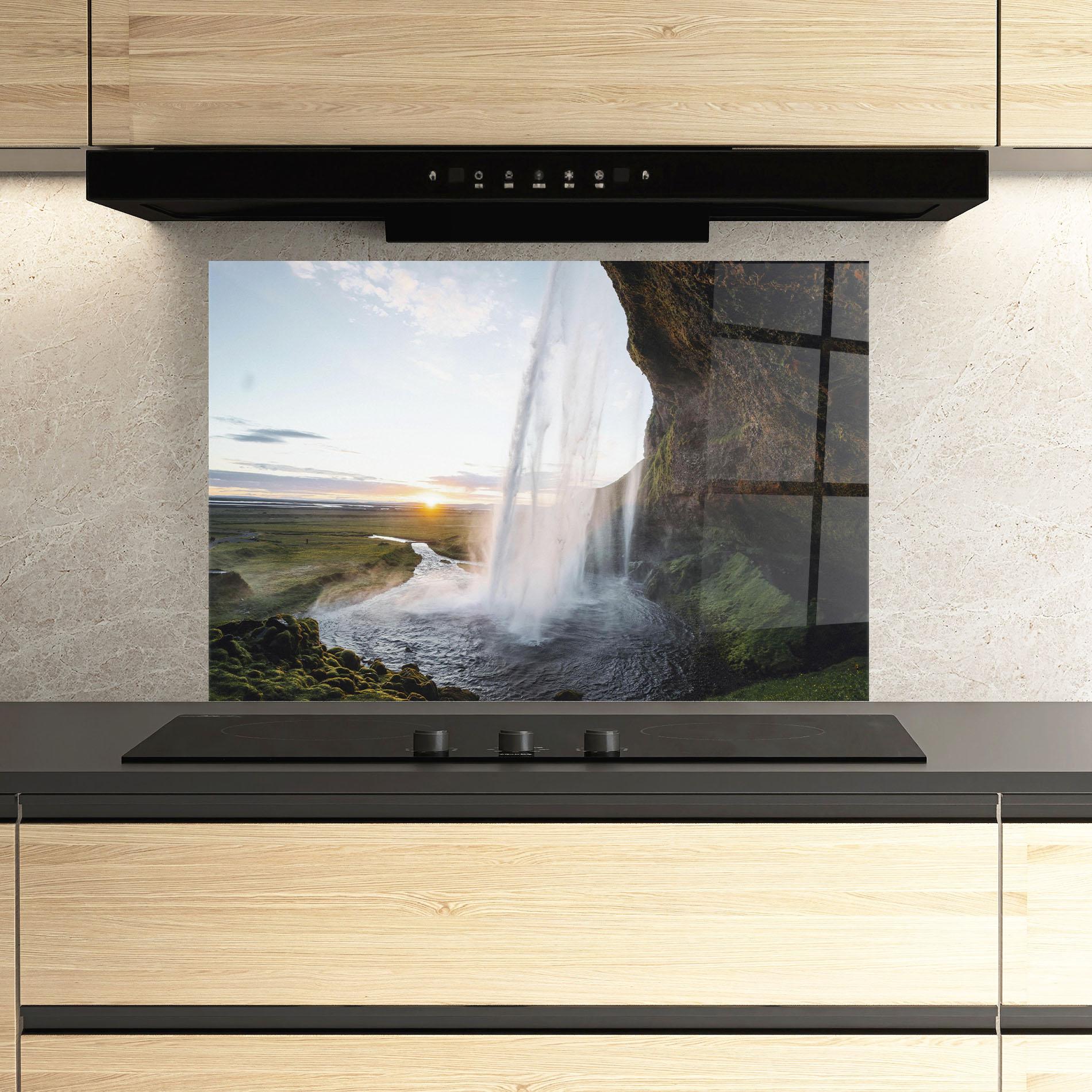 Küchenrückwand Glas Sunrise Waterfall mockup 3