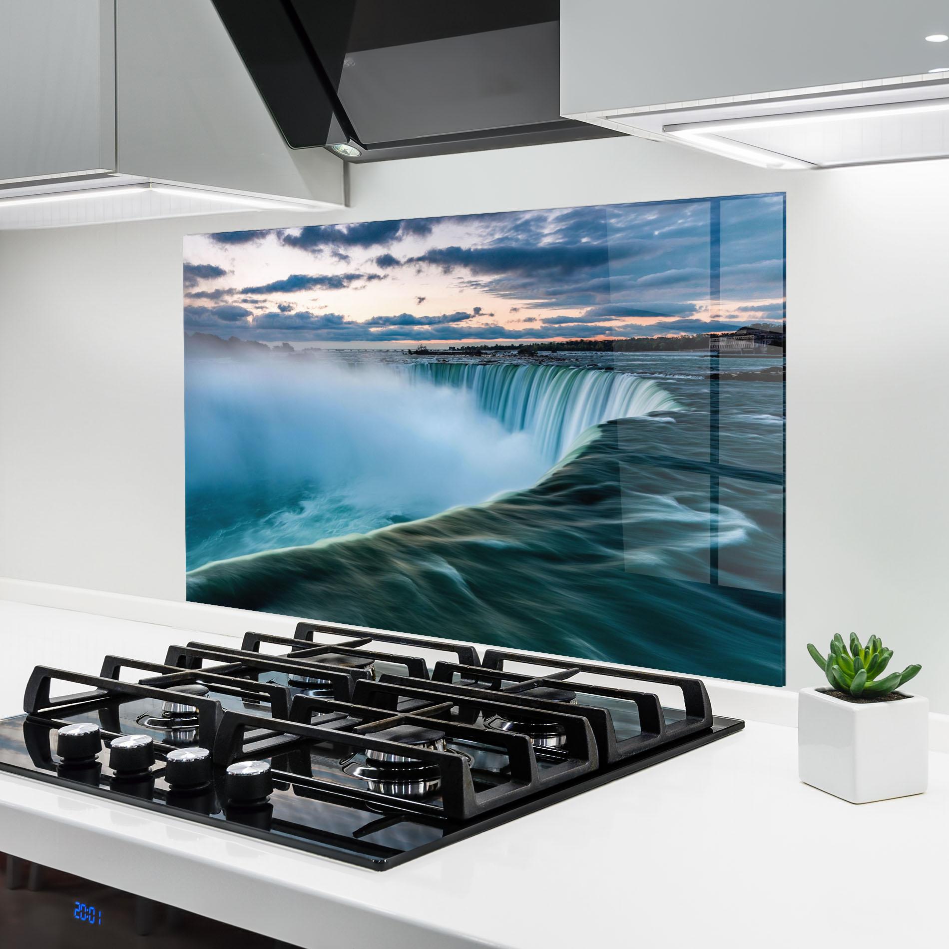 Küchenrückwand Glas Blue Dreamy Waterfall mockup 6