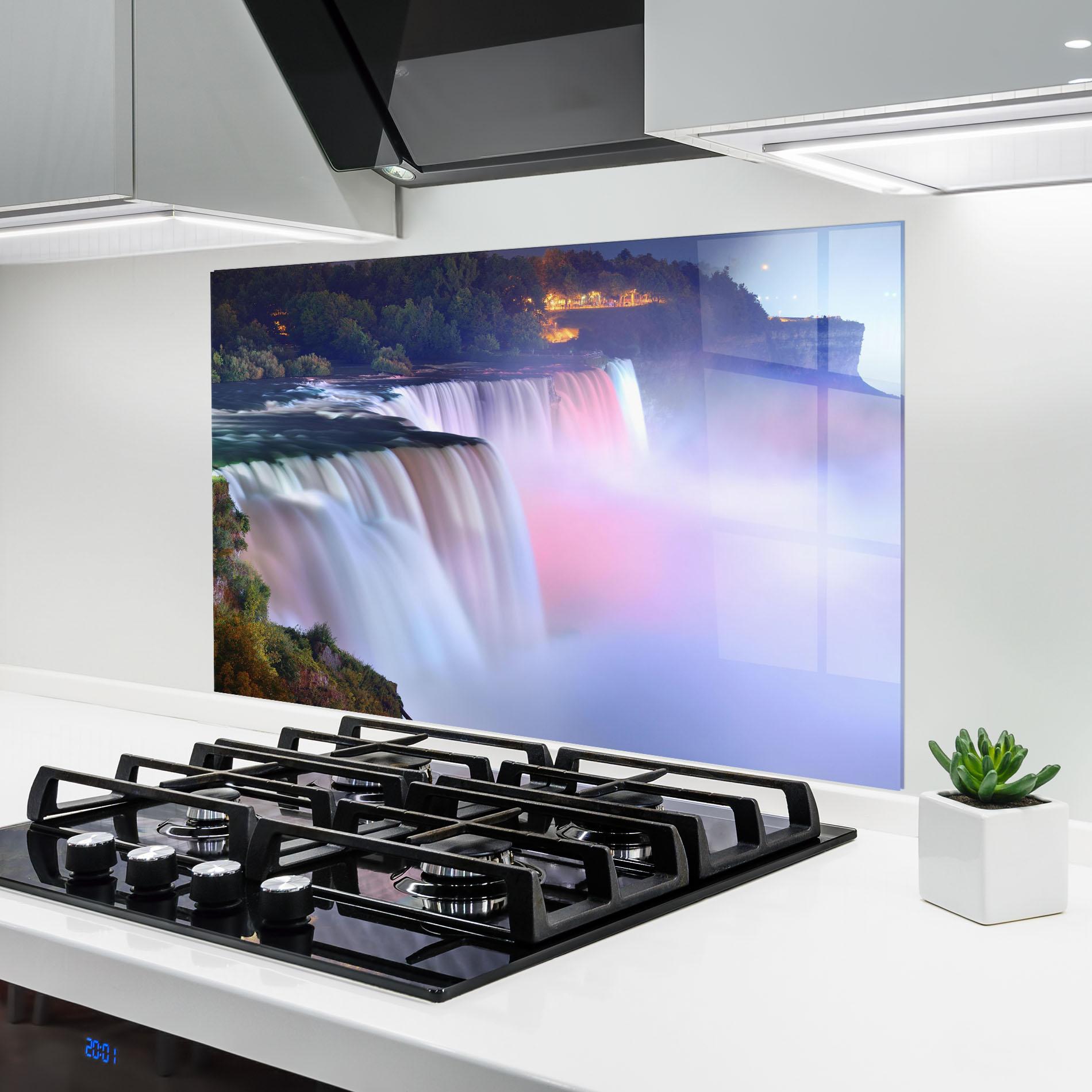 Küchenrückwand Glas Dreamy Purple Waterfall mockup 6