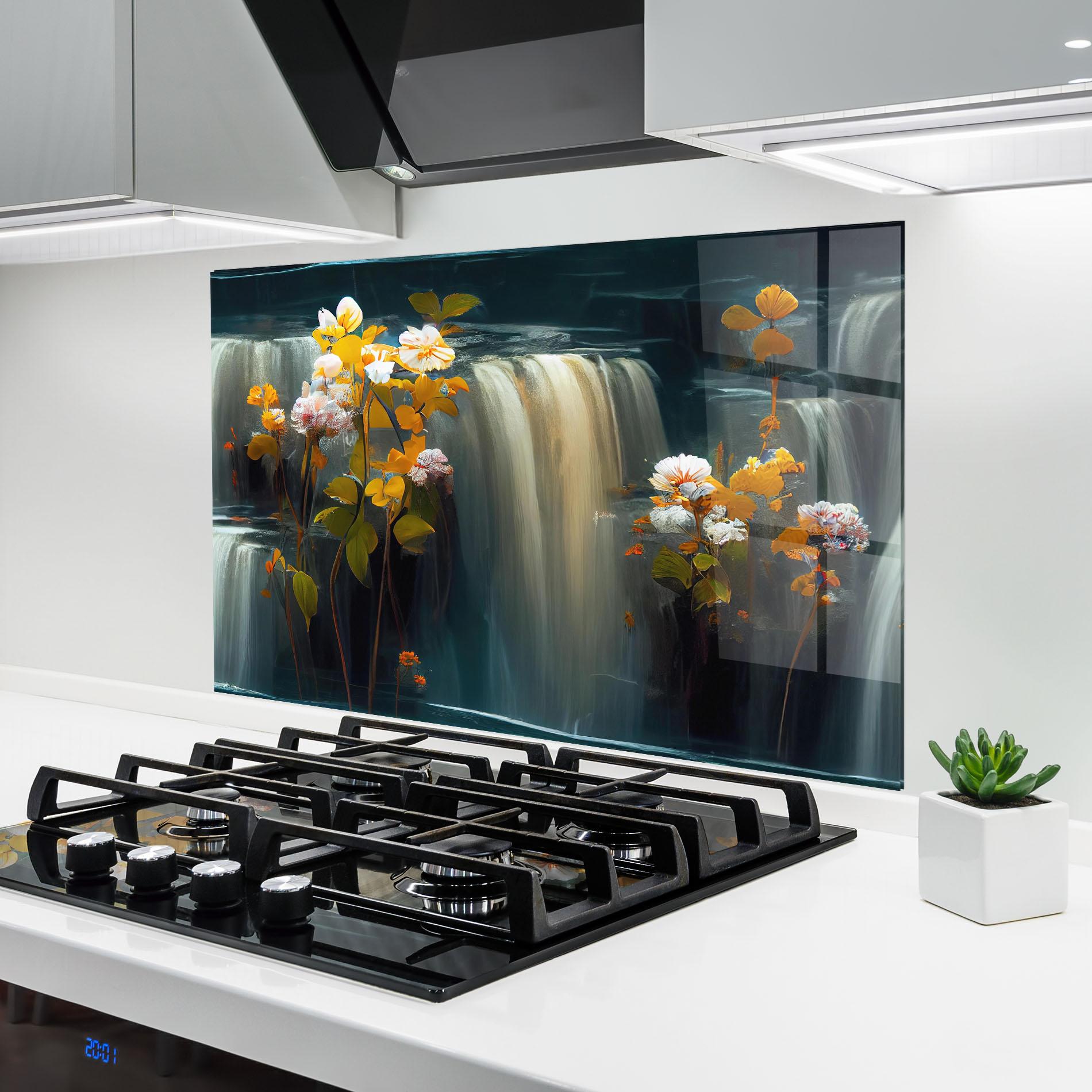Küchenrückwand Glas Flowers Waterfall mockup 6