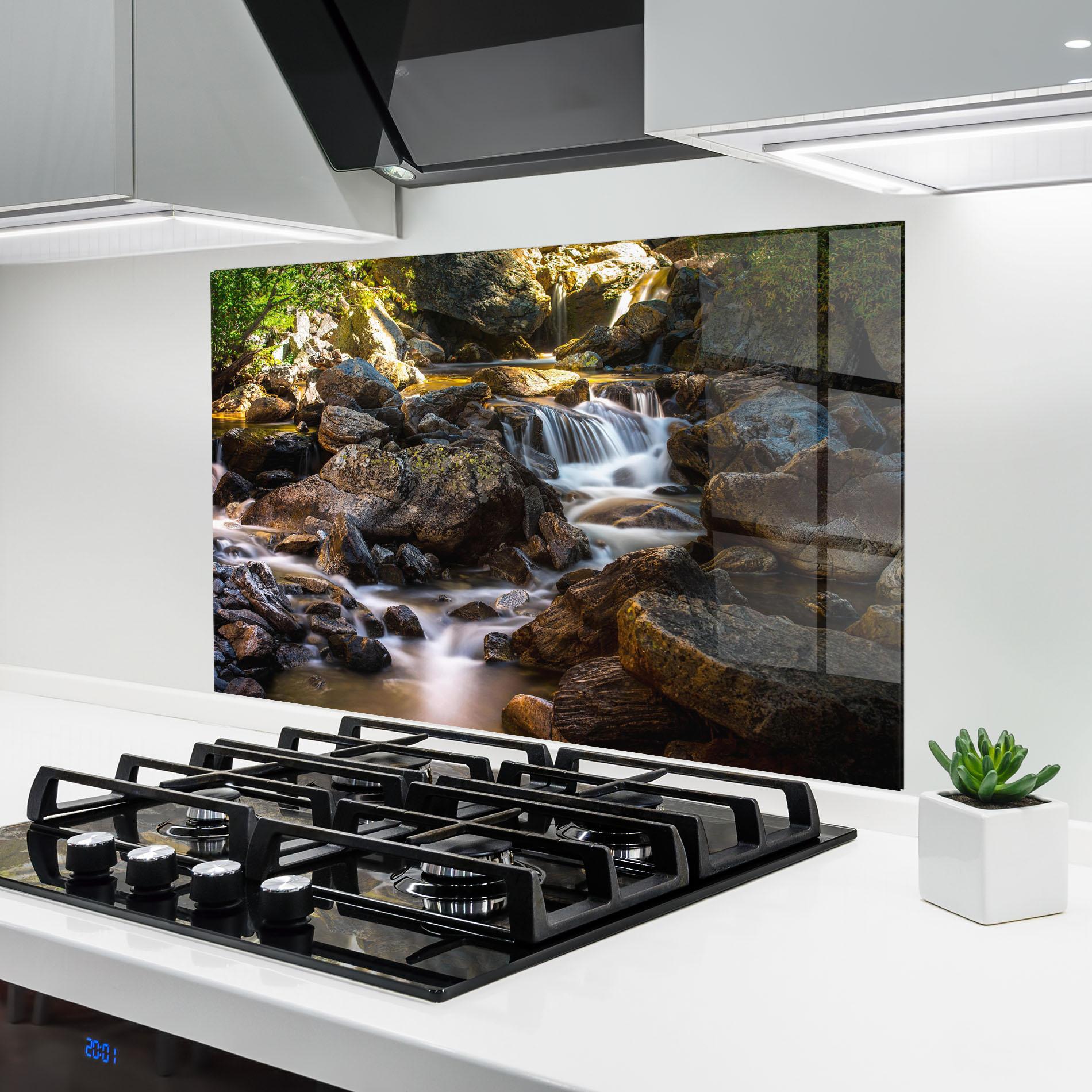 Küchenrückwand Glas Nature Rocks Waterfall mockup 6