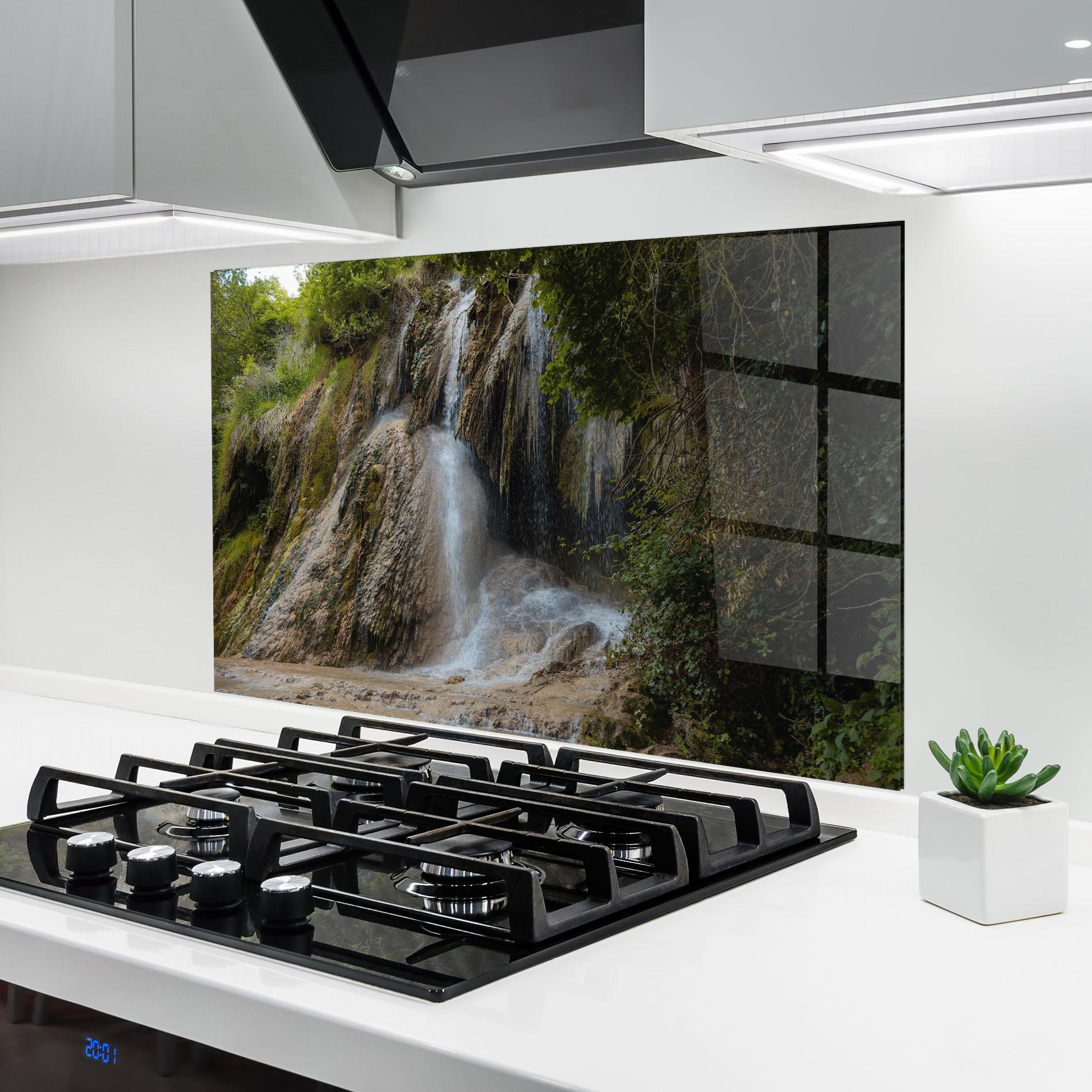 Küchenrückwand Glas Pretty Waterfall Forest mockup 6
