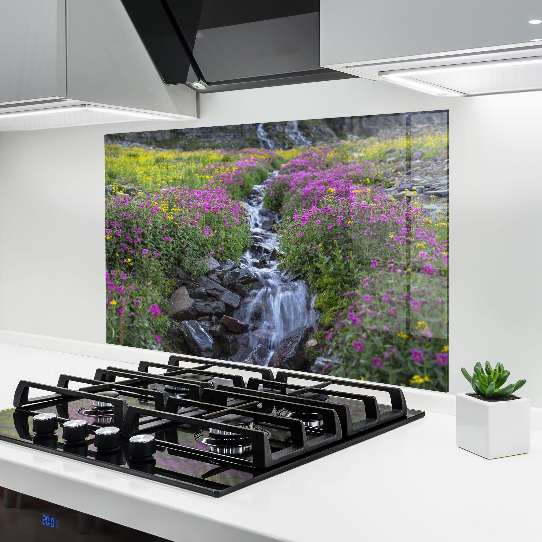 Küchenrückwand Glas Purple Field Waterfall mockup 6