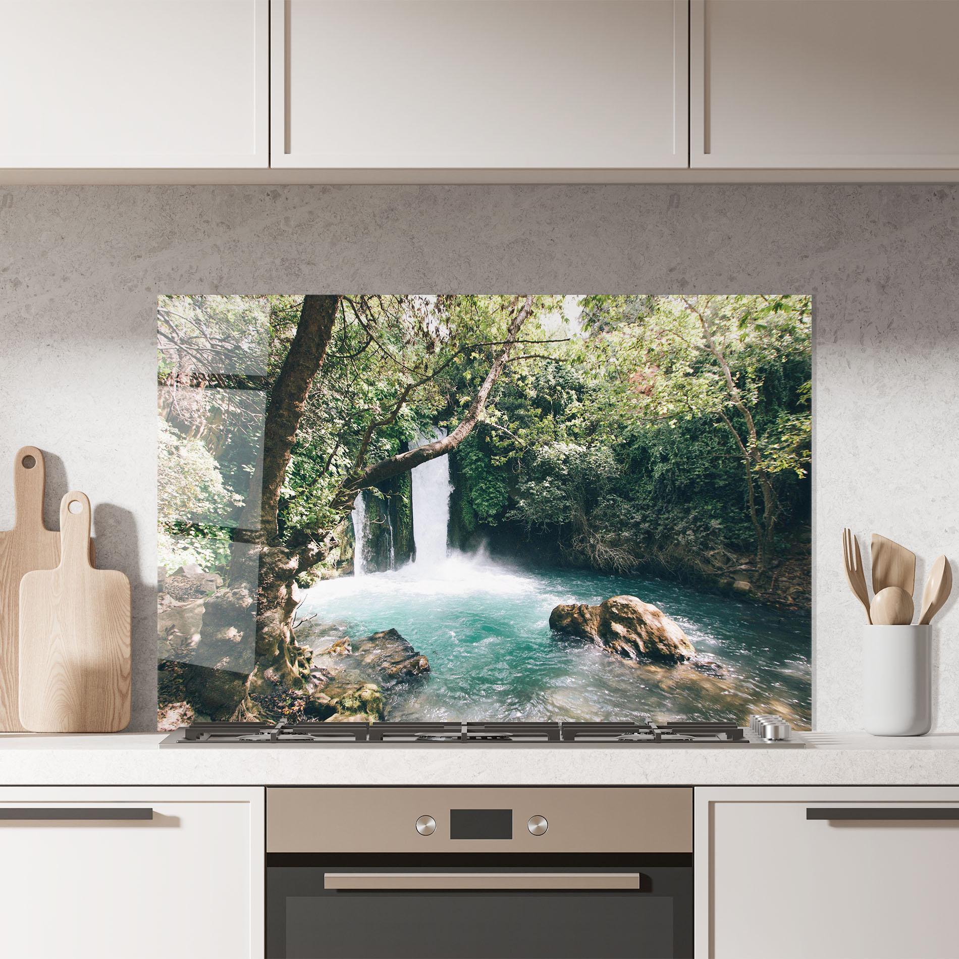 Küchenrückwand Glas Beautiful Blue Waterfall mockup 7