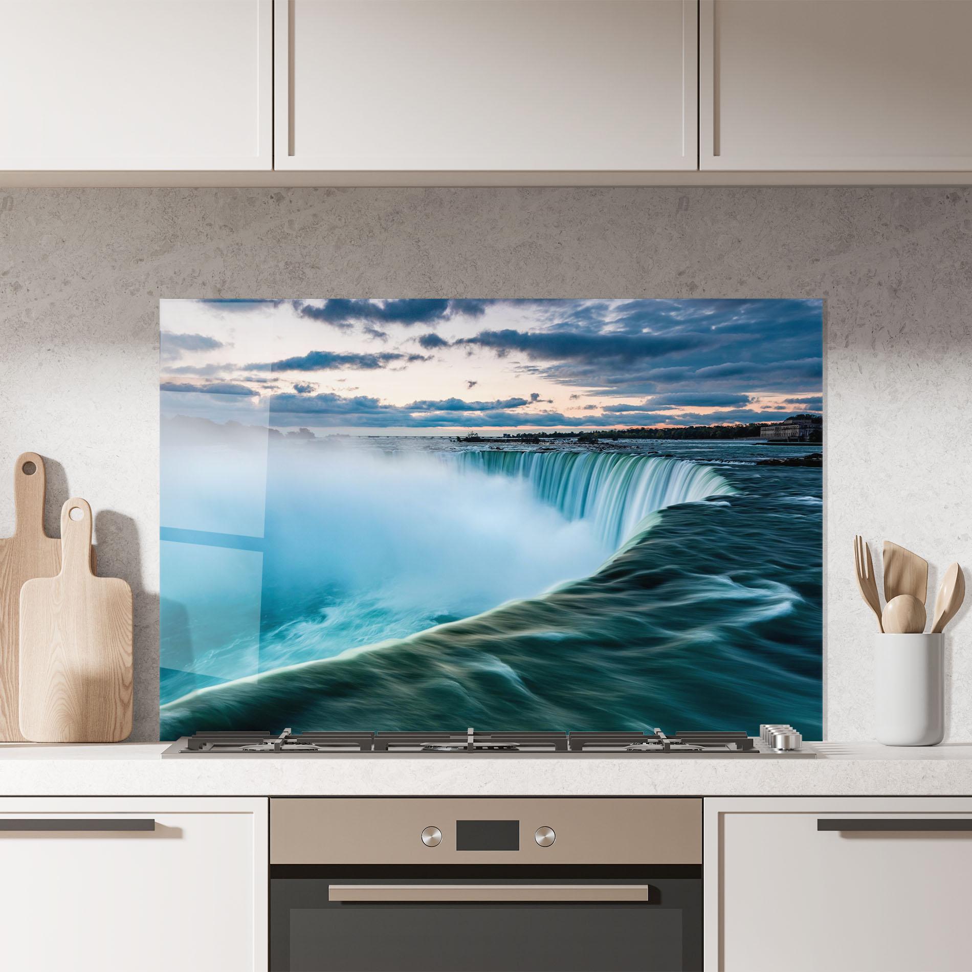 Küchenrückwand Glas Dreamy Blue Waterfall mockup 7