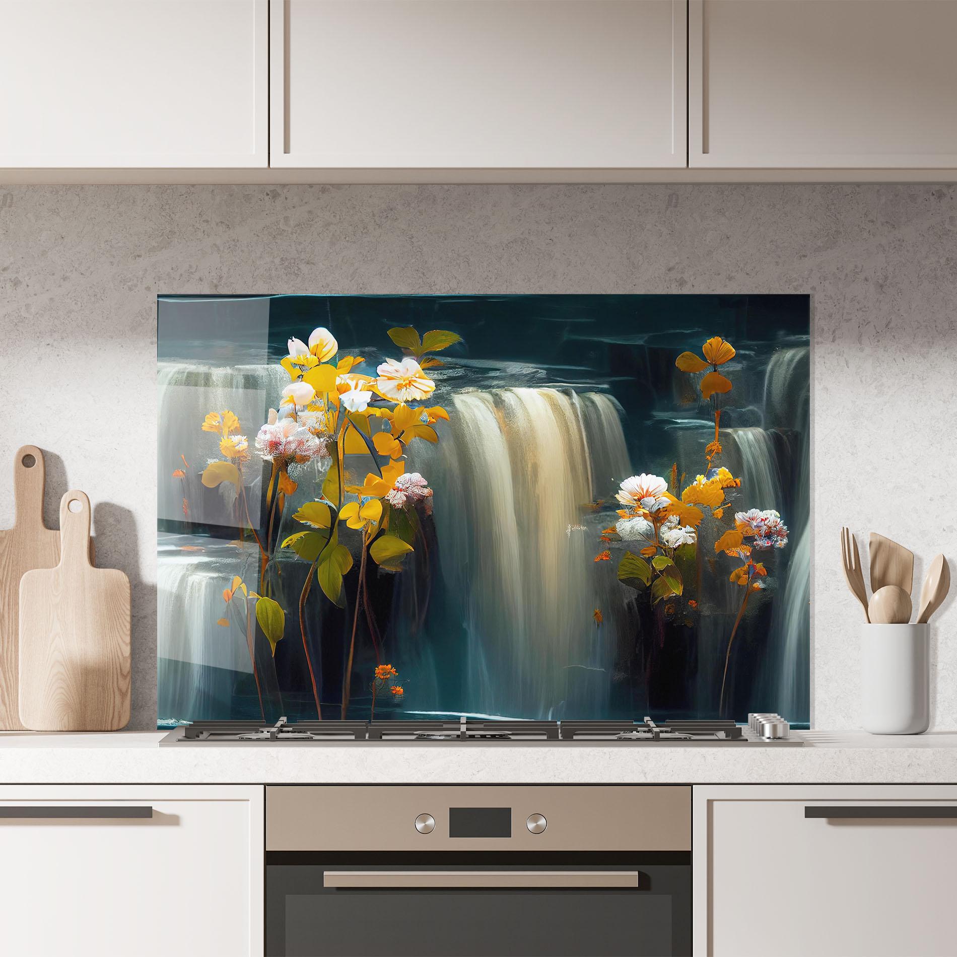 Küchenrückwand Glas Flowers Waterfall mockup 7