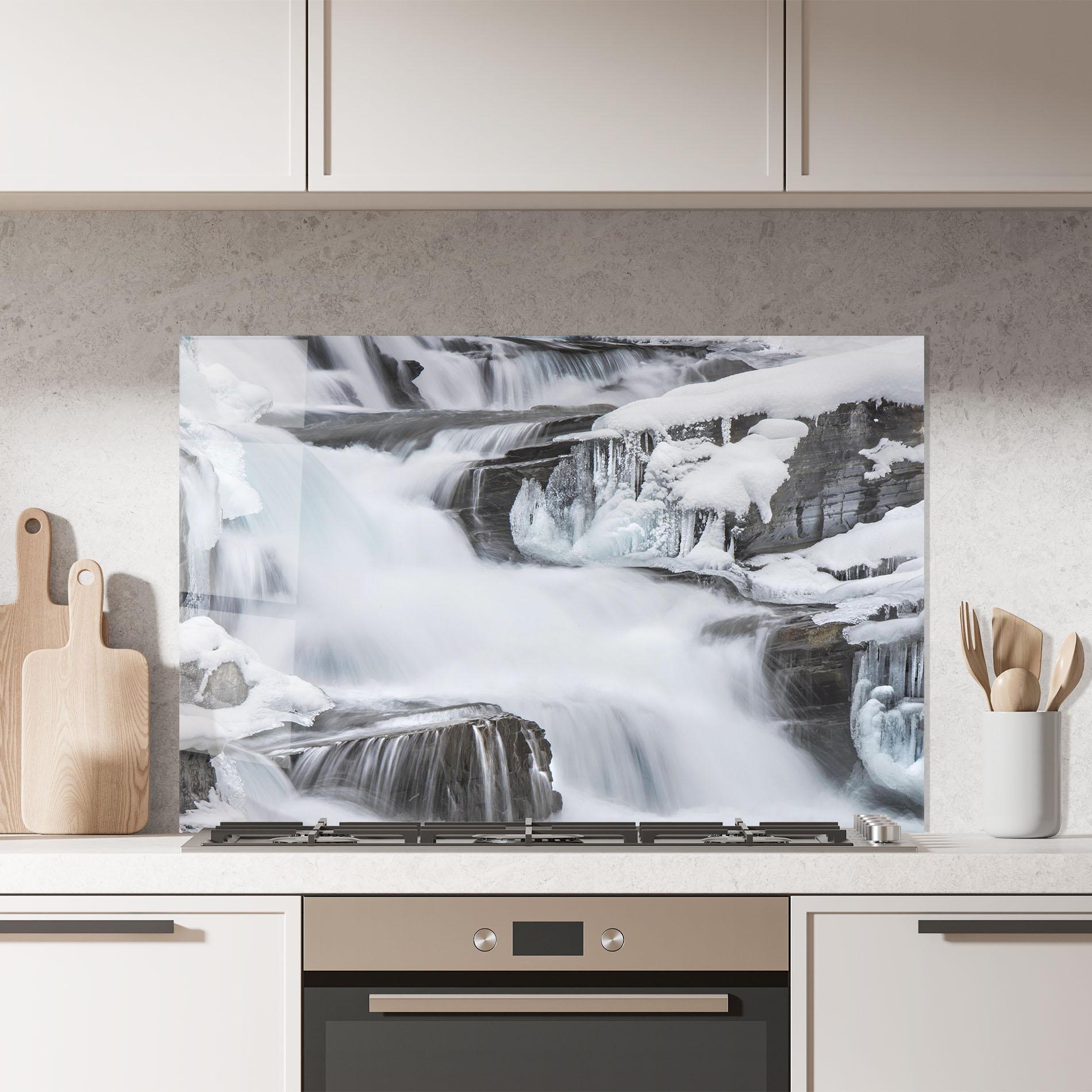 Küchenrückwand Glas Majestic Winter Waterfall mockup 7