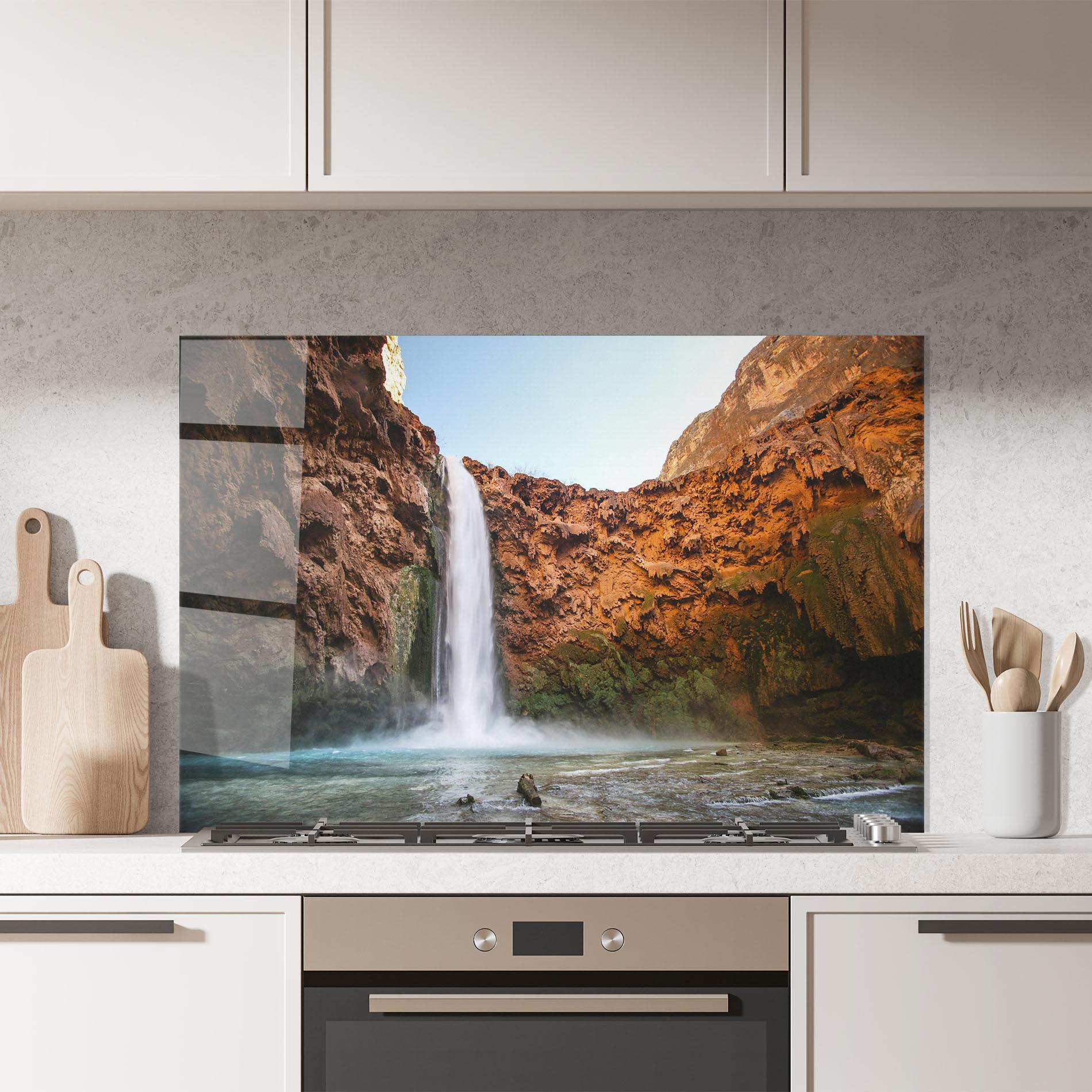 Küchenrückwand Glas Orange Wall Waterfall mockup 7