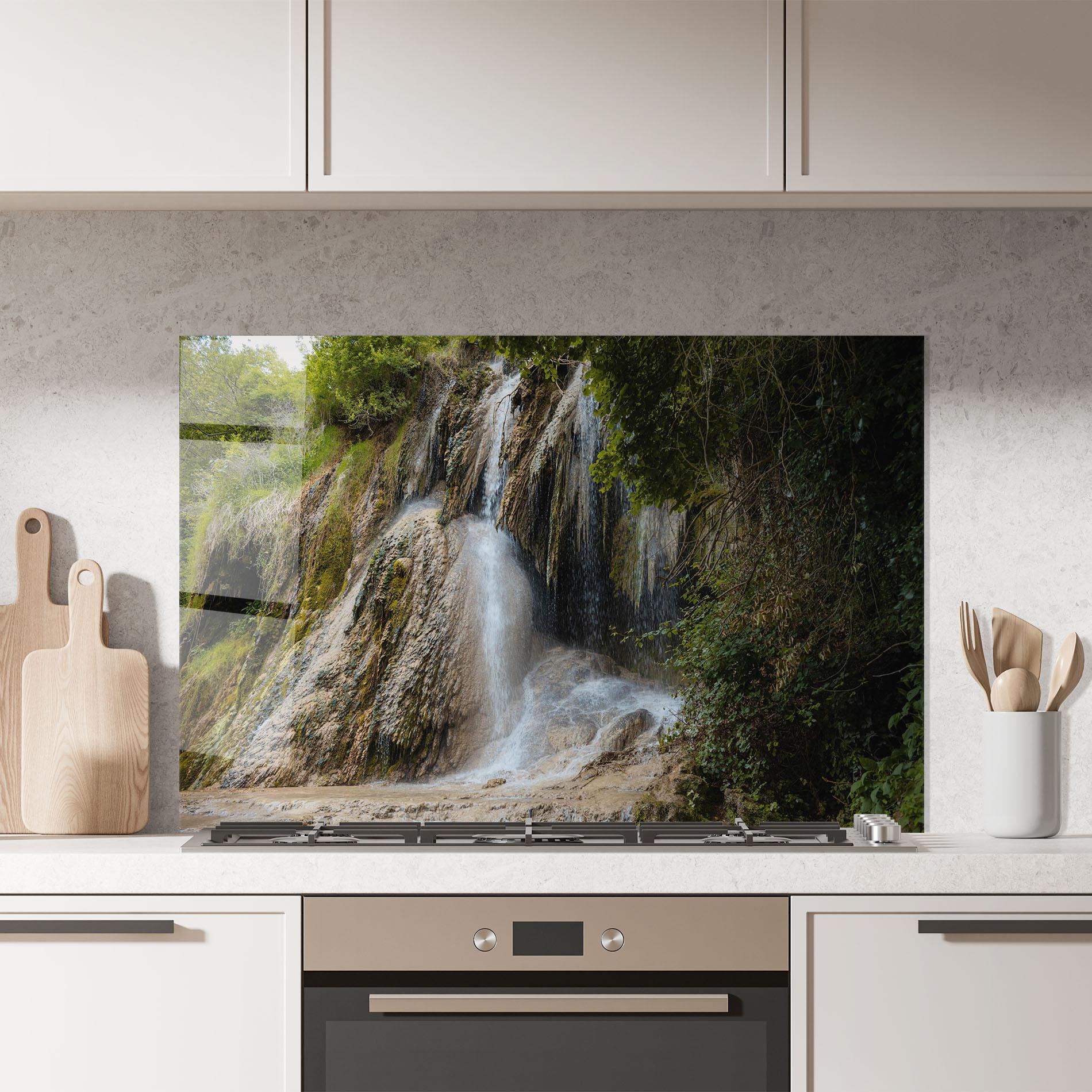 Küchenrückwand Glas Pretty Waterfall Forest mockup 7