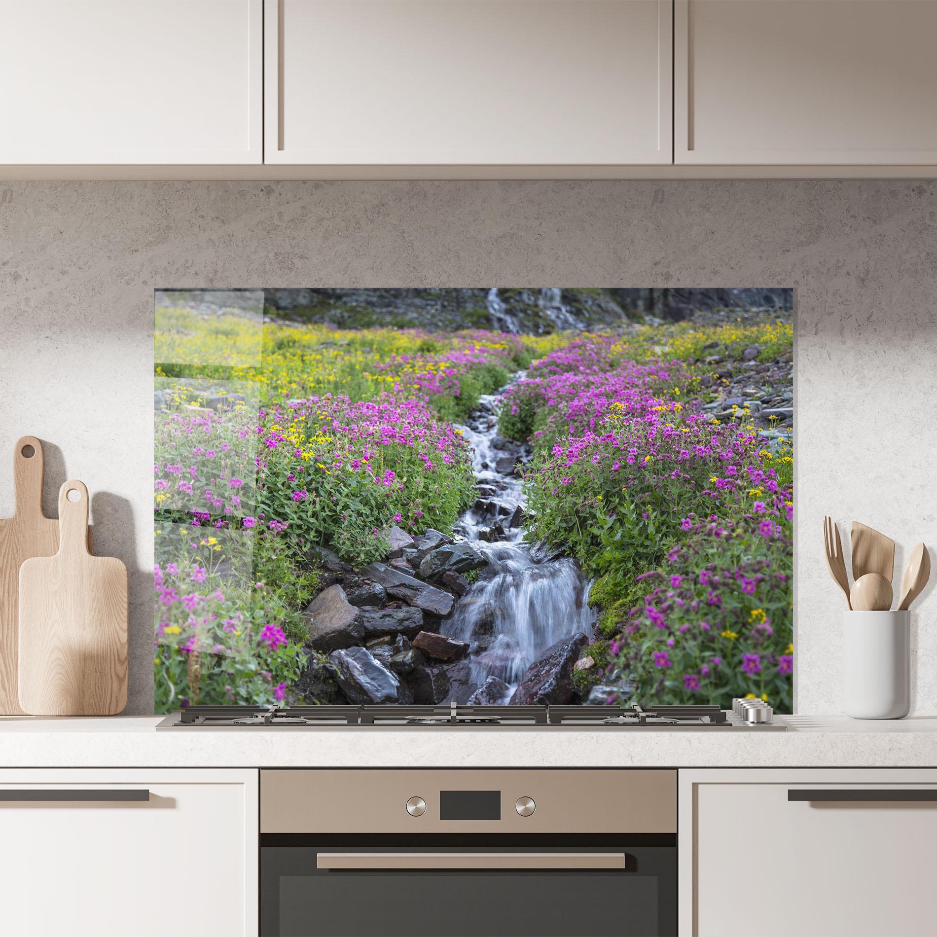 Küchenrückwand Glas Purple Field Waterfall mockup 7
