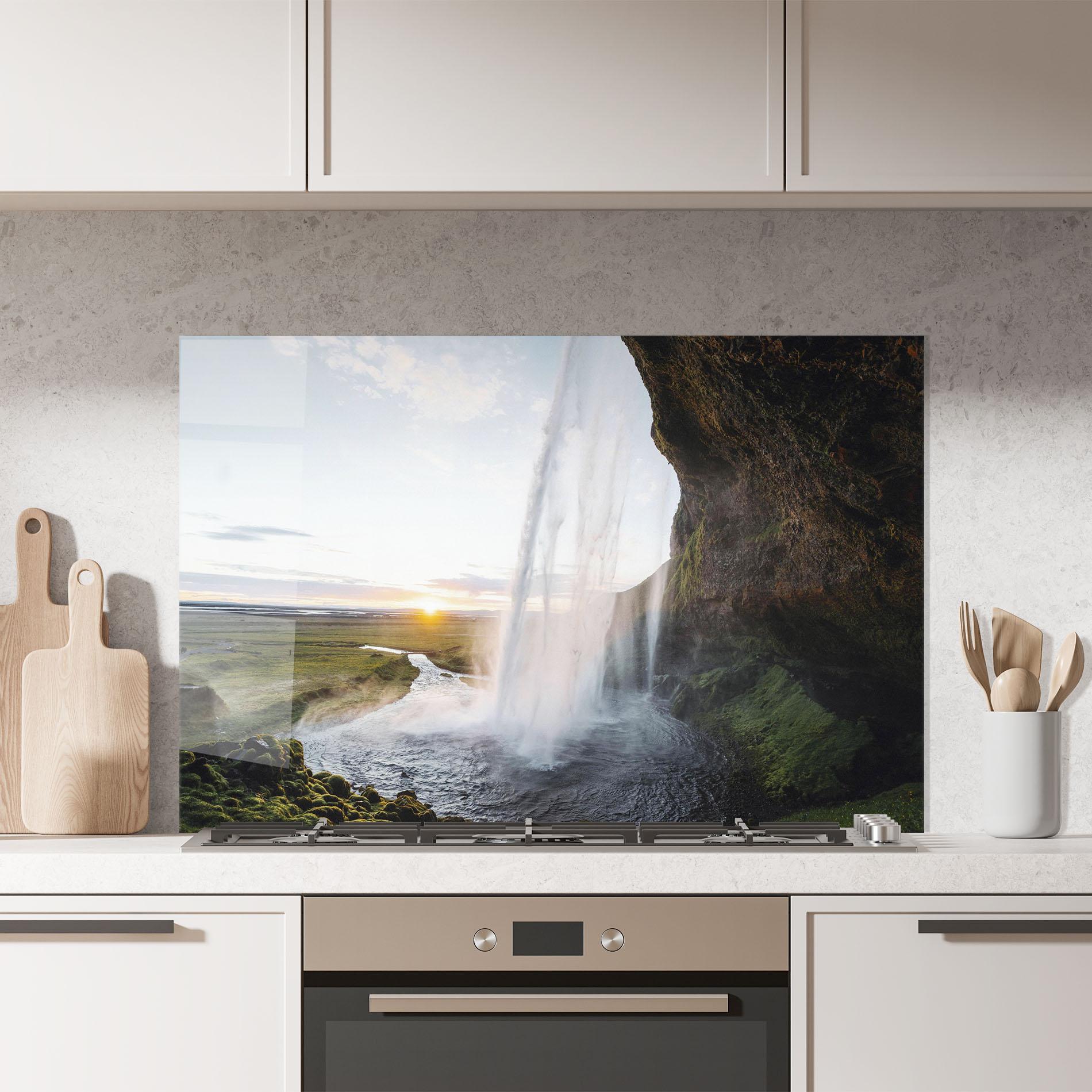Küchenrückwand Glas Sunrise Waterfall mockup 7
