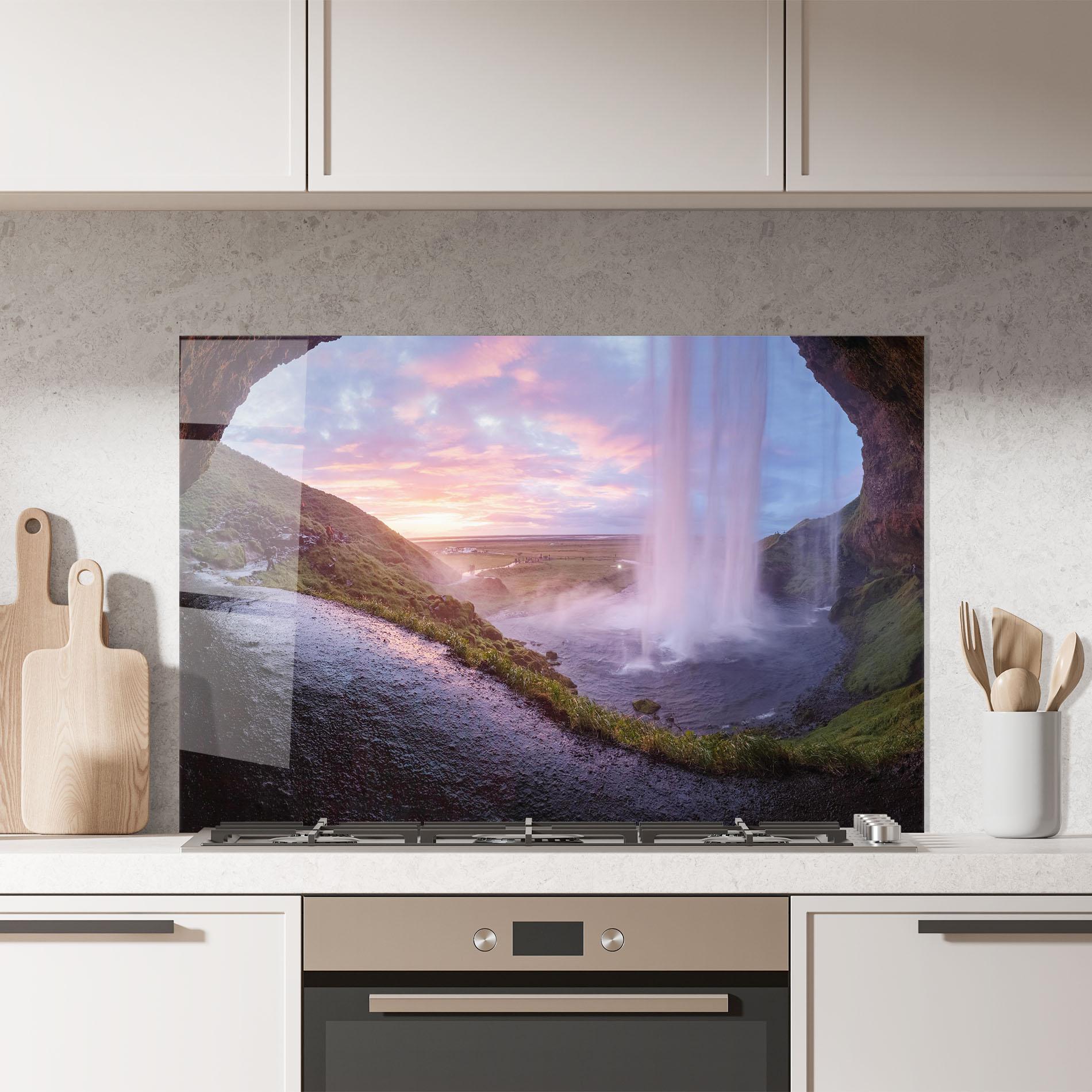 Küchenrückwand Glas Waterfall From Cave View mockup 7