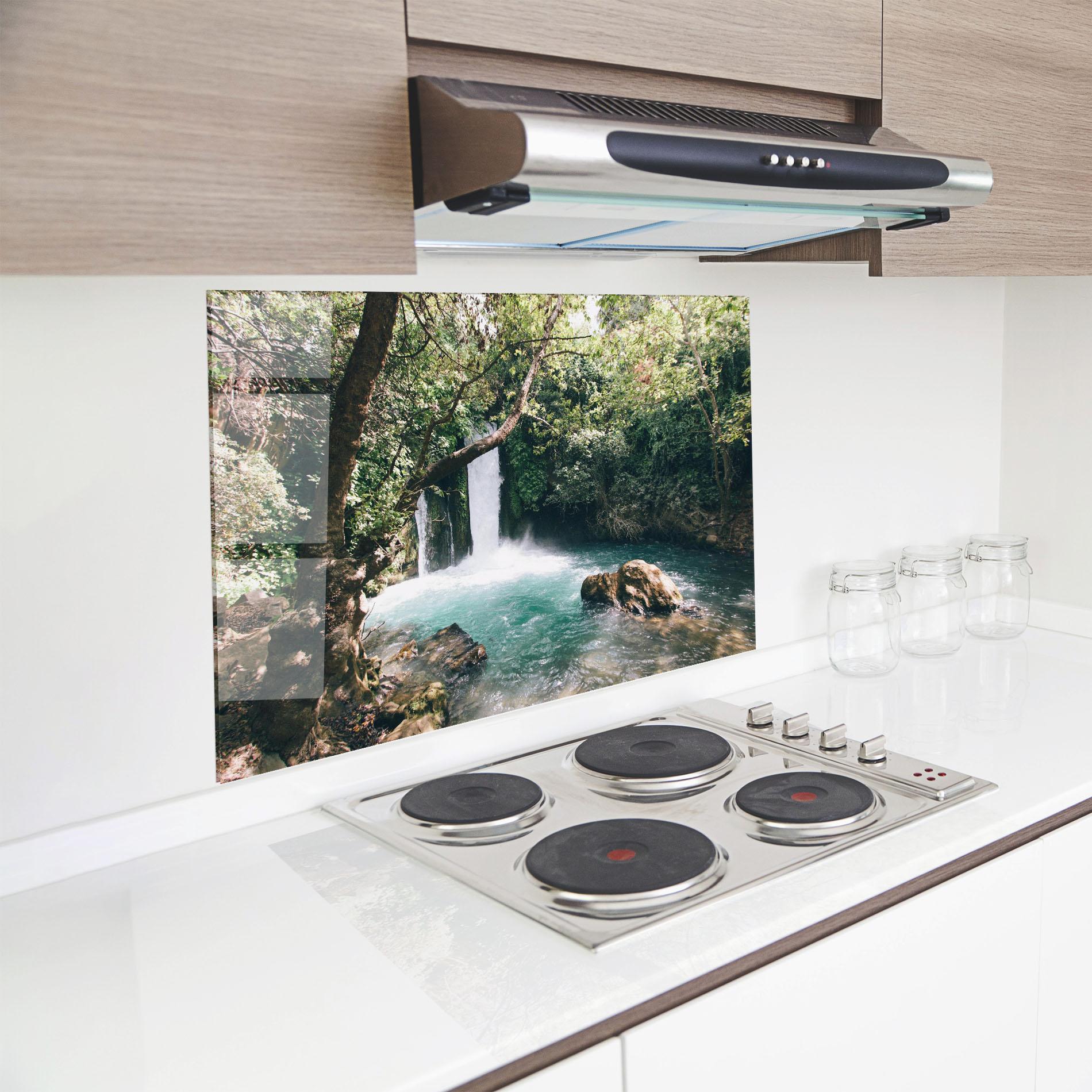 Küchenrückwand Glas Beautiful Blue Waterfall mockup 8
