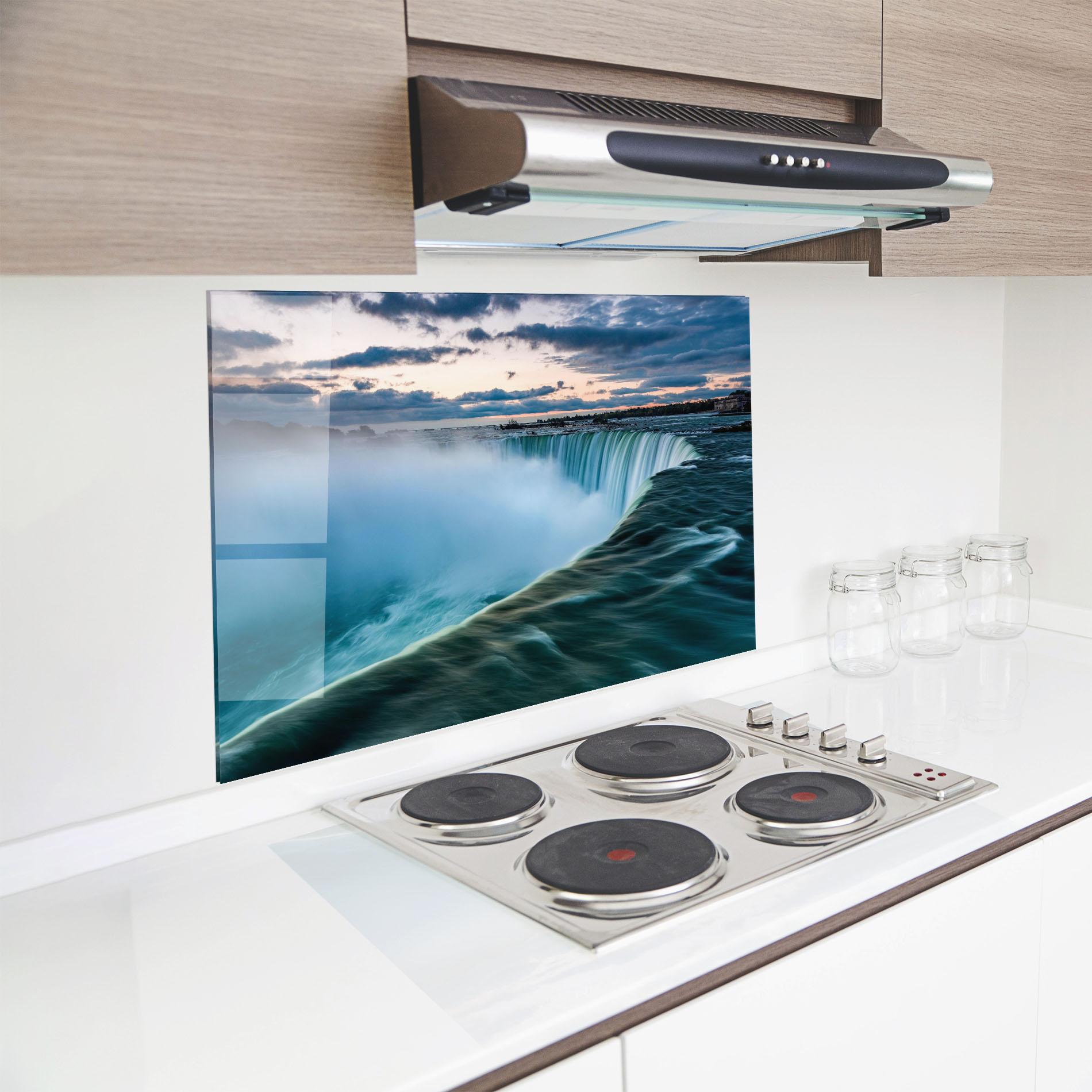 Küchenrückwand Glas Blue Dreamy Waterfall mockup 8