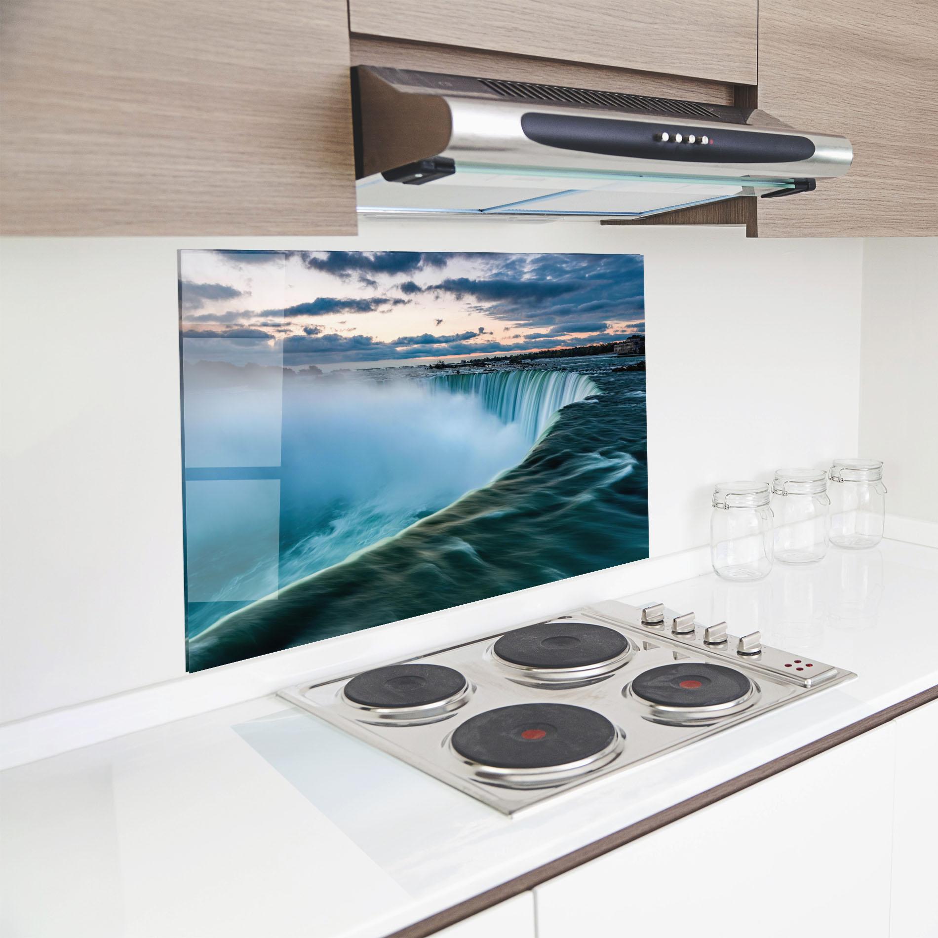 Küchenrückwand Glas Dreamy Blue Waterfall mockup 8