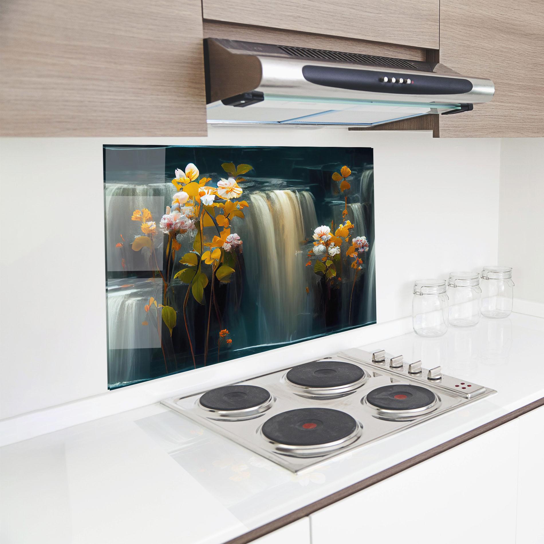 Küchenrückwand Glas Flowers Waterfall mockup 8