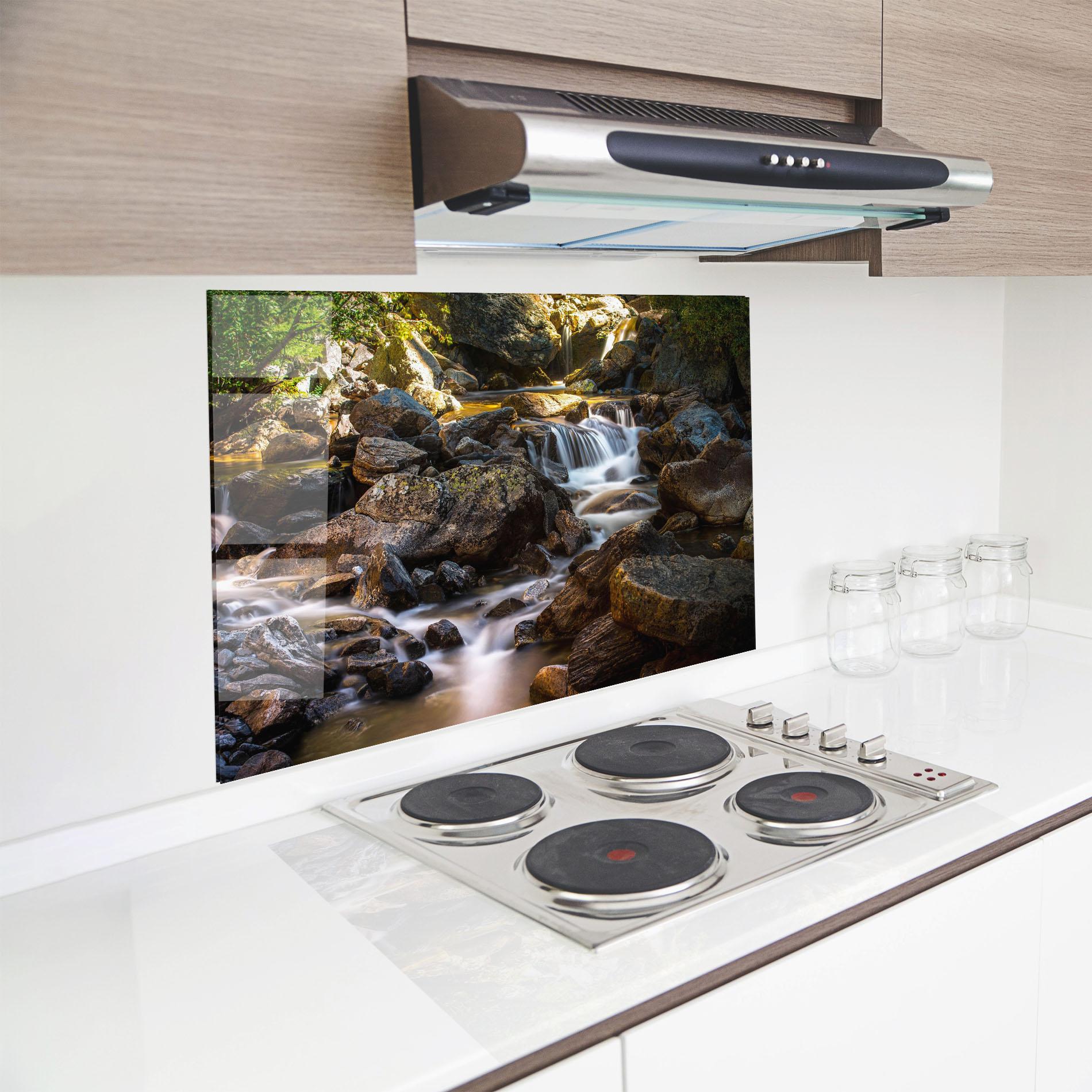 Küchenrückwand Glas Nature Rocks Waterfall mockup 8
