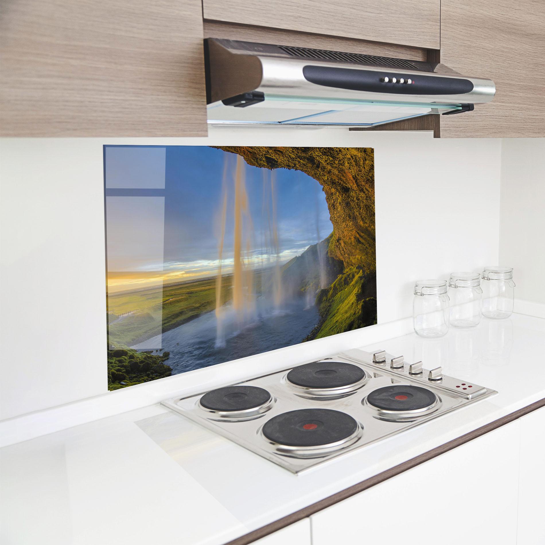 Küchenrückwand Glas Orange Waterfall mockup 8