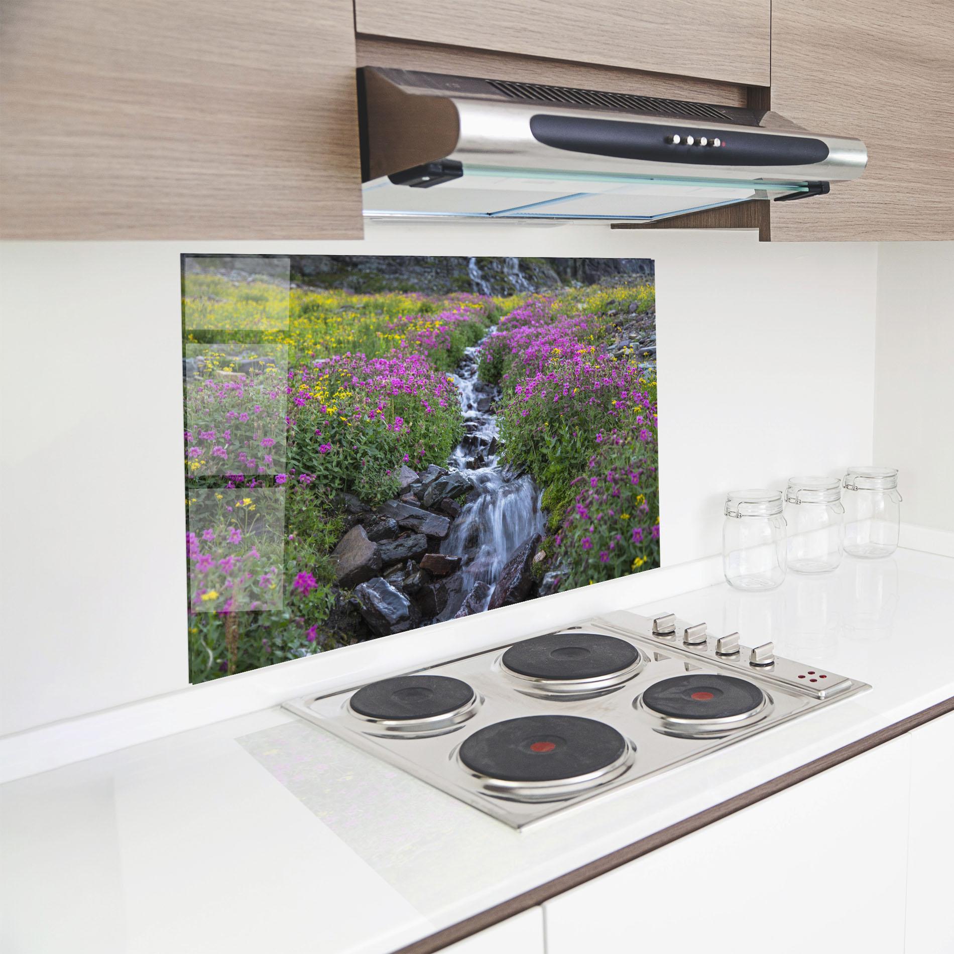 Küchenrückwand Glas Purple Field Waterfall mockup 8